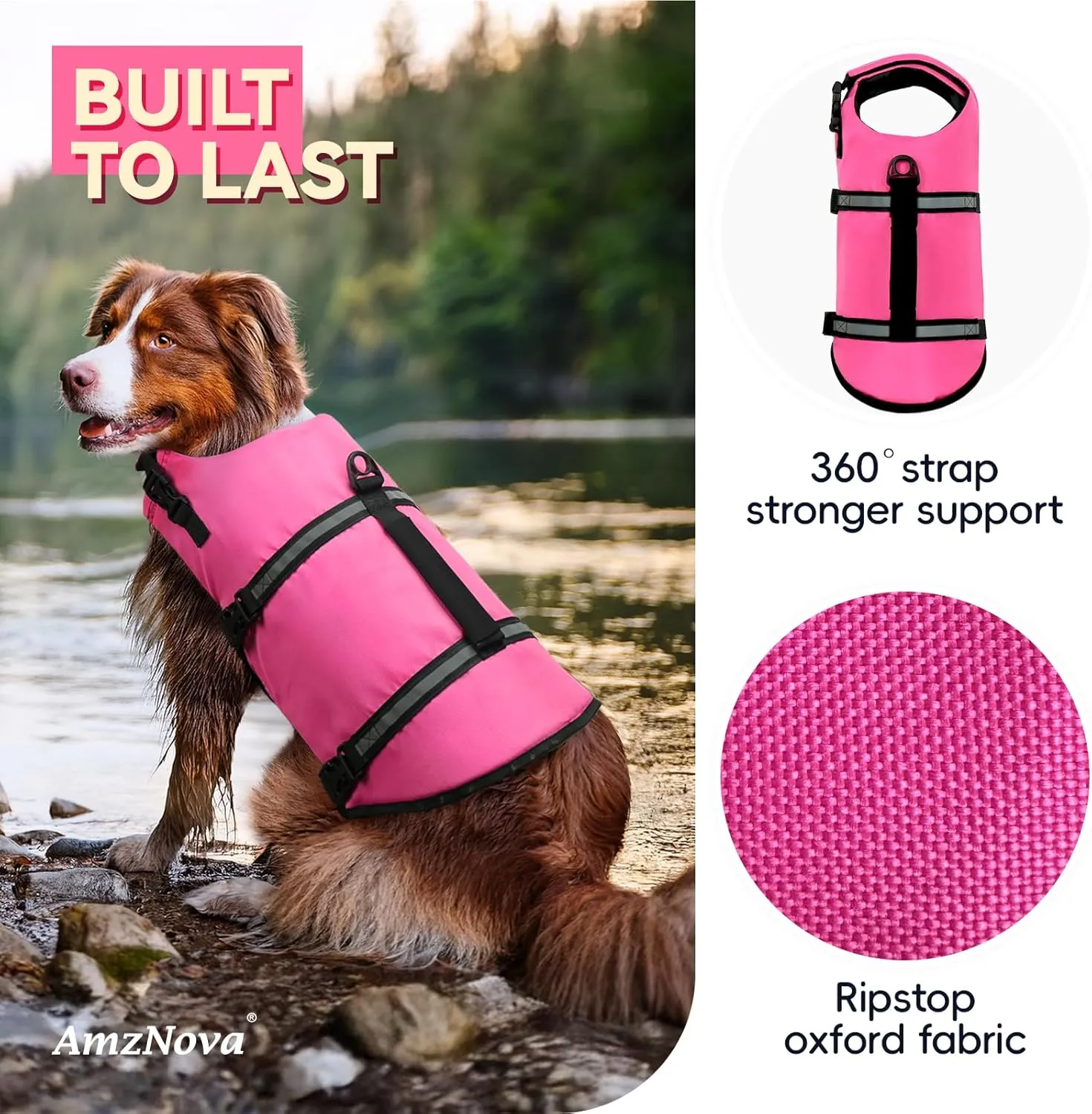 AMZNOVA Rip Stop Dog Life Jacket Dog Life Vest for Swimming Puppy Float Vest Pet Swimming Vest Water Jacket Lifejacket Swim Lifejacket for Boarding Pool Durable Handle PFD S Pink