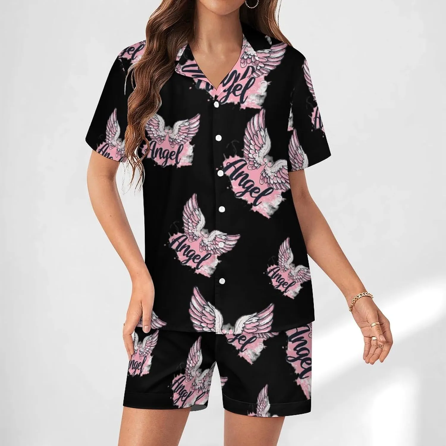 Angel Wings Women's Satin Pajama Set Short Sleeve Button Down Sleepwear Loungewear Pj Set
