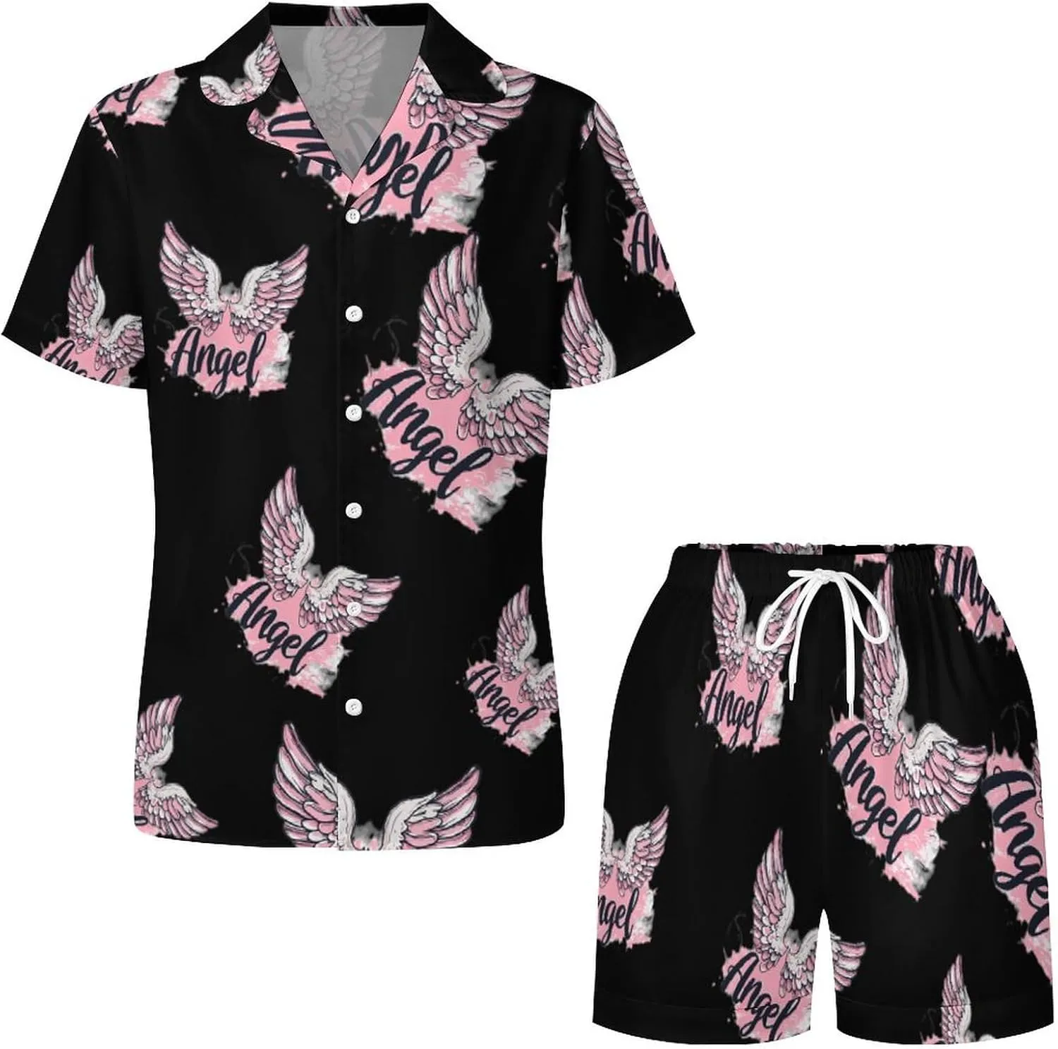 Angel Wings Women's Satin Pajama Set Short Sleeve Button Down Sleepwear Loungewear Pj Set