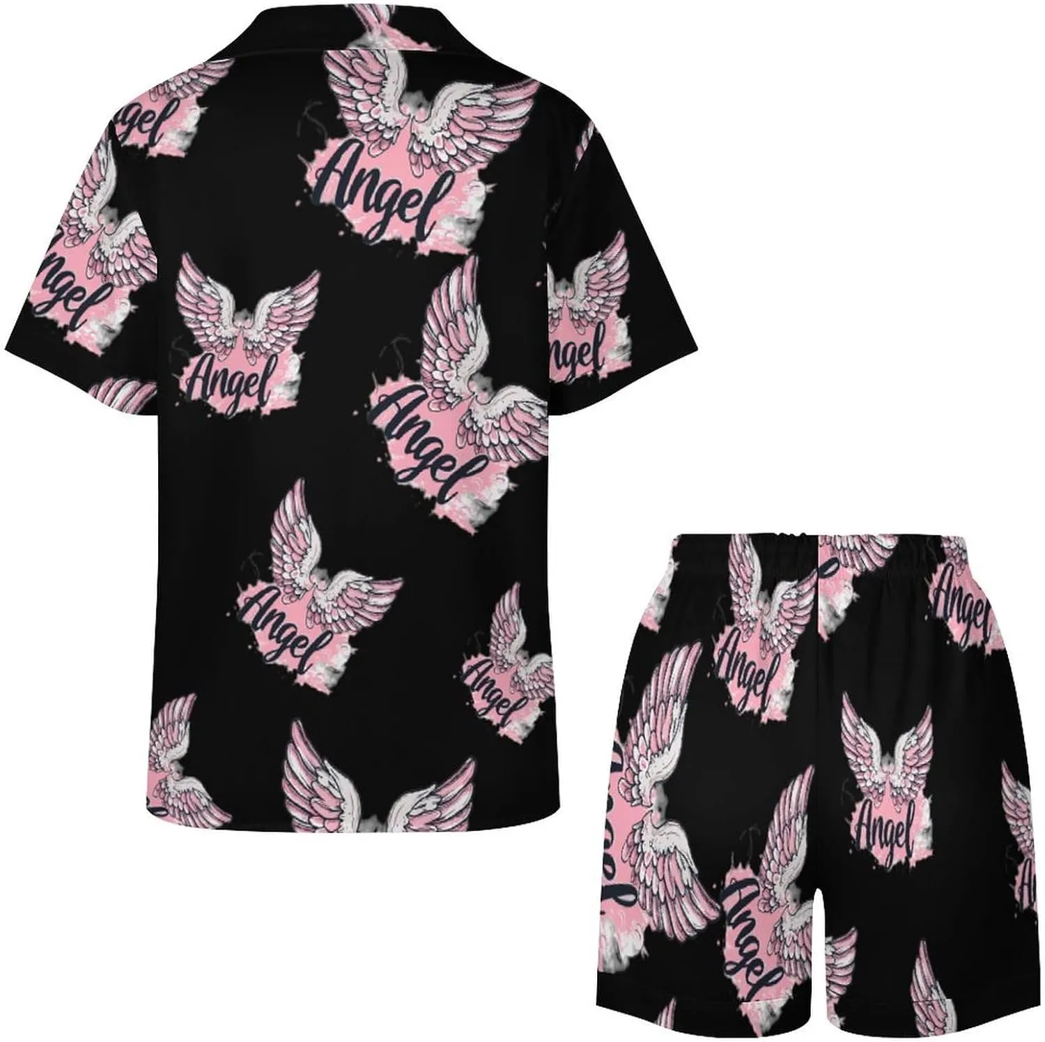 Angel Wings Women's Satin Pajama Set Short Sleeve Button Down Sleepwear Loungewear Pj Set