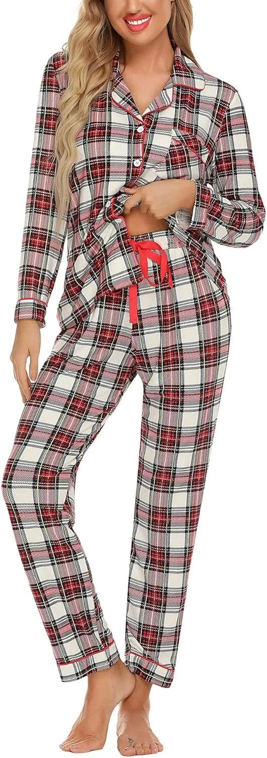 Anjue Pajamas for Women Soft Button Up Pajama Set Long Sleeve Shirt and Pajama Pants Lounge Sets S-XXL