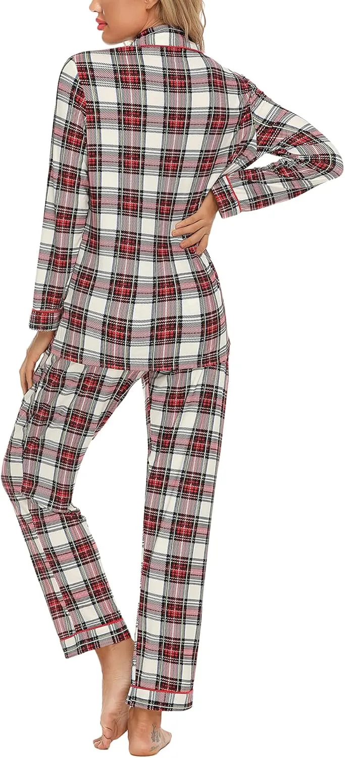 Anjue Pajamas for Women Soft Button Up Pajama Set Long Sleeve Shirt and Pajama Pants Lounge Sets S-XXL