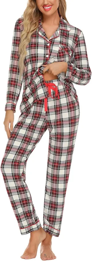 Anjue Pajamas for Women Soft Button Up Pajama Set Long Sleeve Shirt and Pajama Pants Lounge Sets S-XXL
