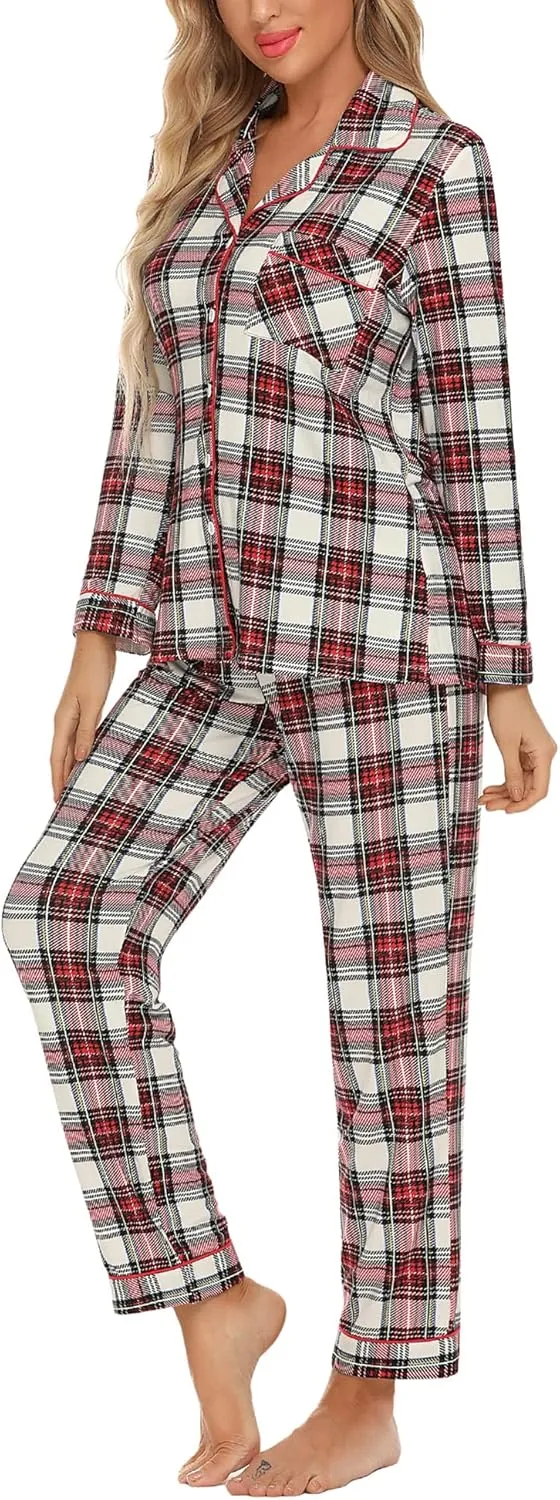 Anjue Pajamas for Women Soft Button Up Pajama Set Long Sleeve Shirt and Pajama Pants Lounge Sets S-XXL