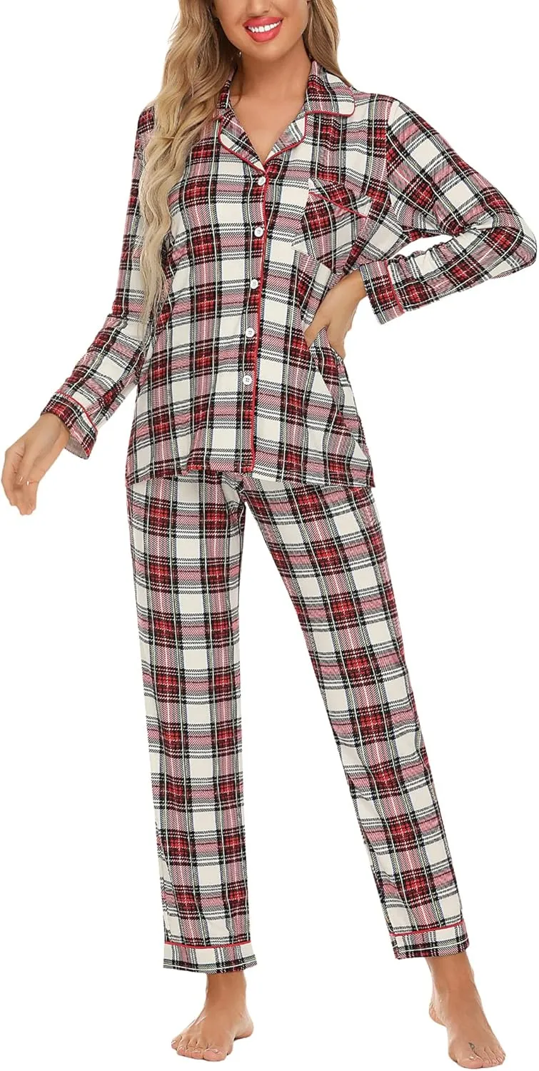 Anjue Pajamas for Women Soft Button Up Pajama Set Long Sleeve Shirt and Pajama Pants Lounge Sets S-XXL