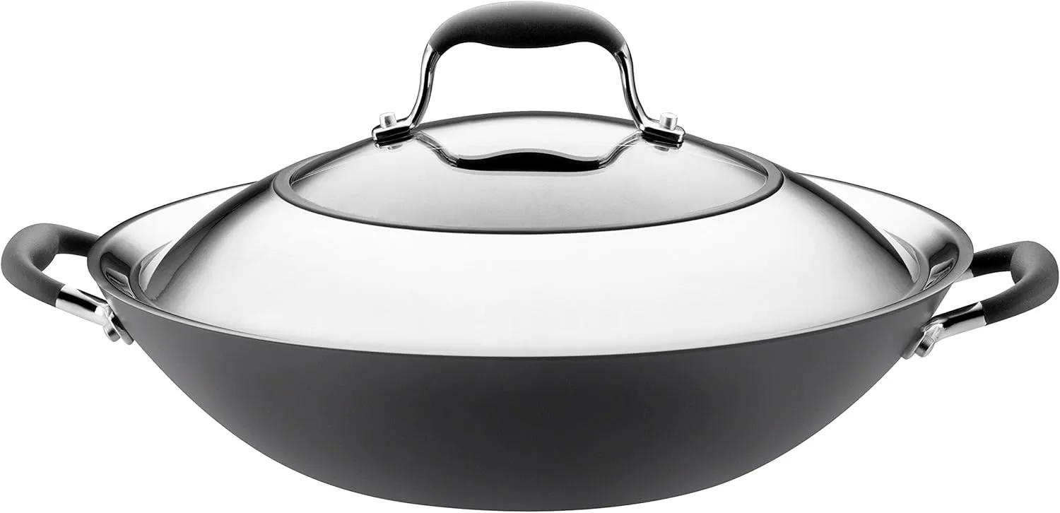 Anolon Advanced Hard Anodized Nonstick Stir Fry Wok Pan with Lid, 14 Inch, Gray