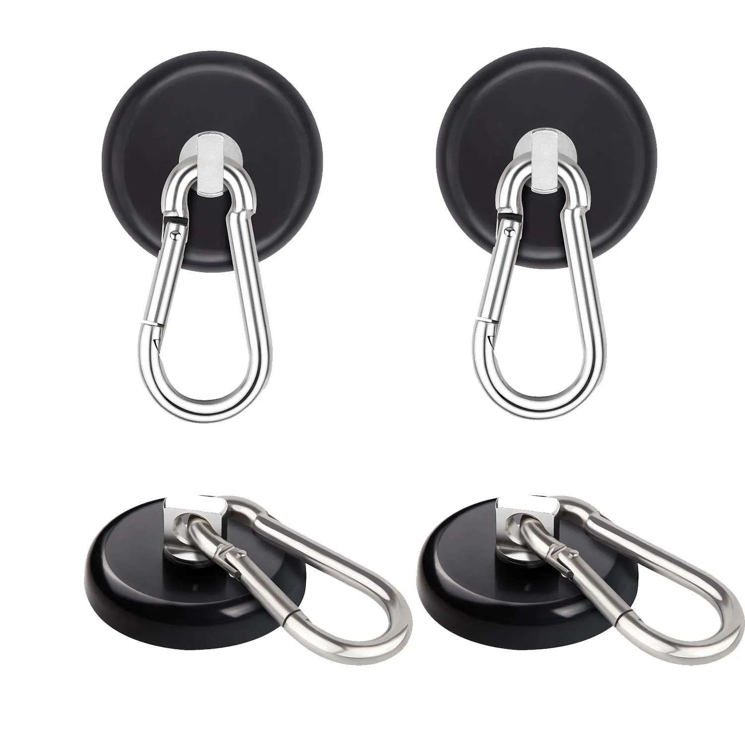 Ant Mag Heavy Duty Neodymium Magnet Hooks with Swiveling Carabiner - 140LBS Capacity, Indoor/Outdoor Use (4 Pack Black)