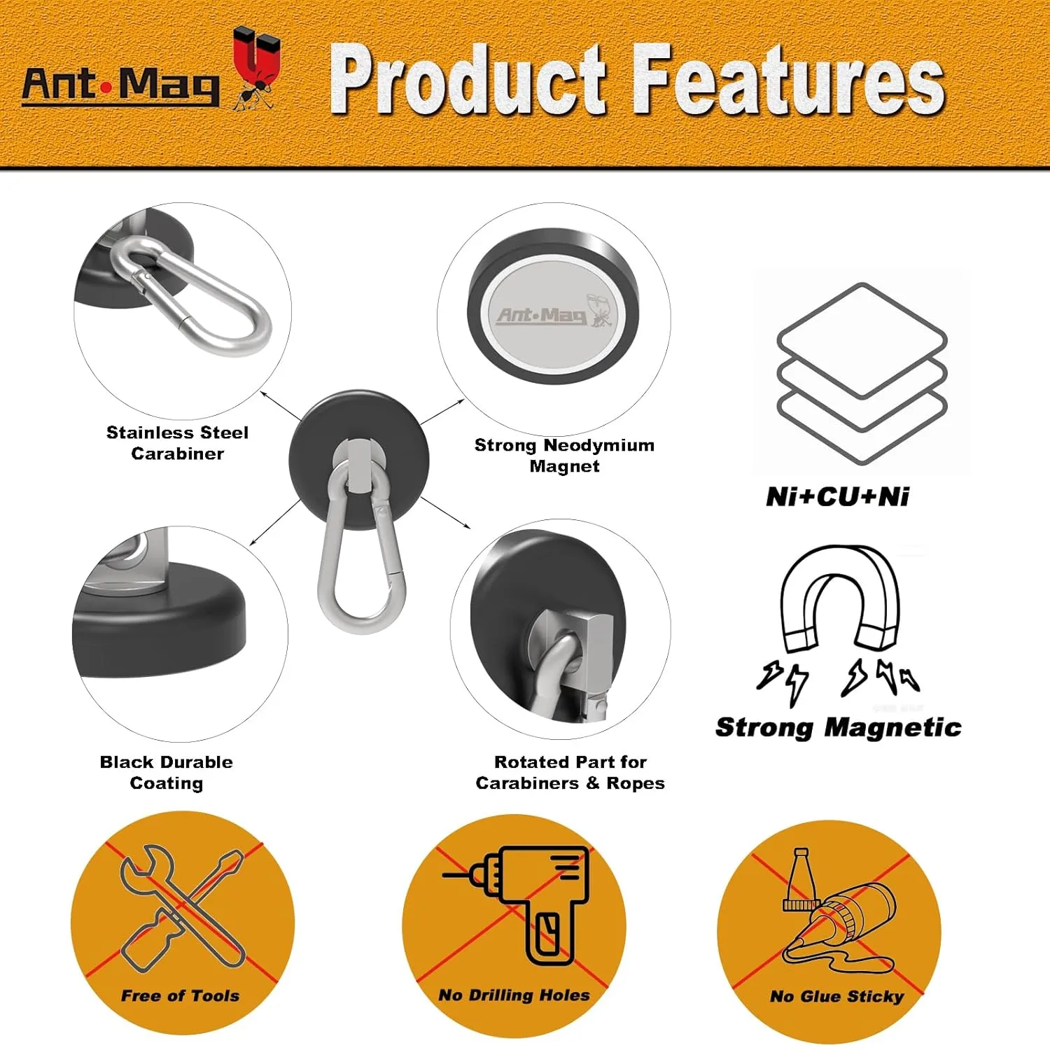 Ant Mag Heavy Duty Neodymium Magnet Hooks with Swiveling Carabiner - 140LBS Capacity, Indoor/Outdoor Use (4 Pack Black)