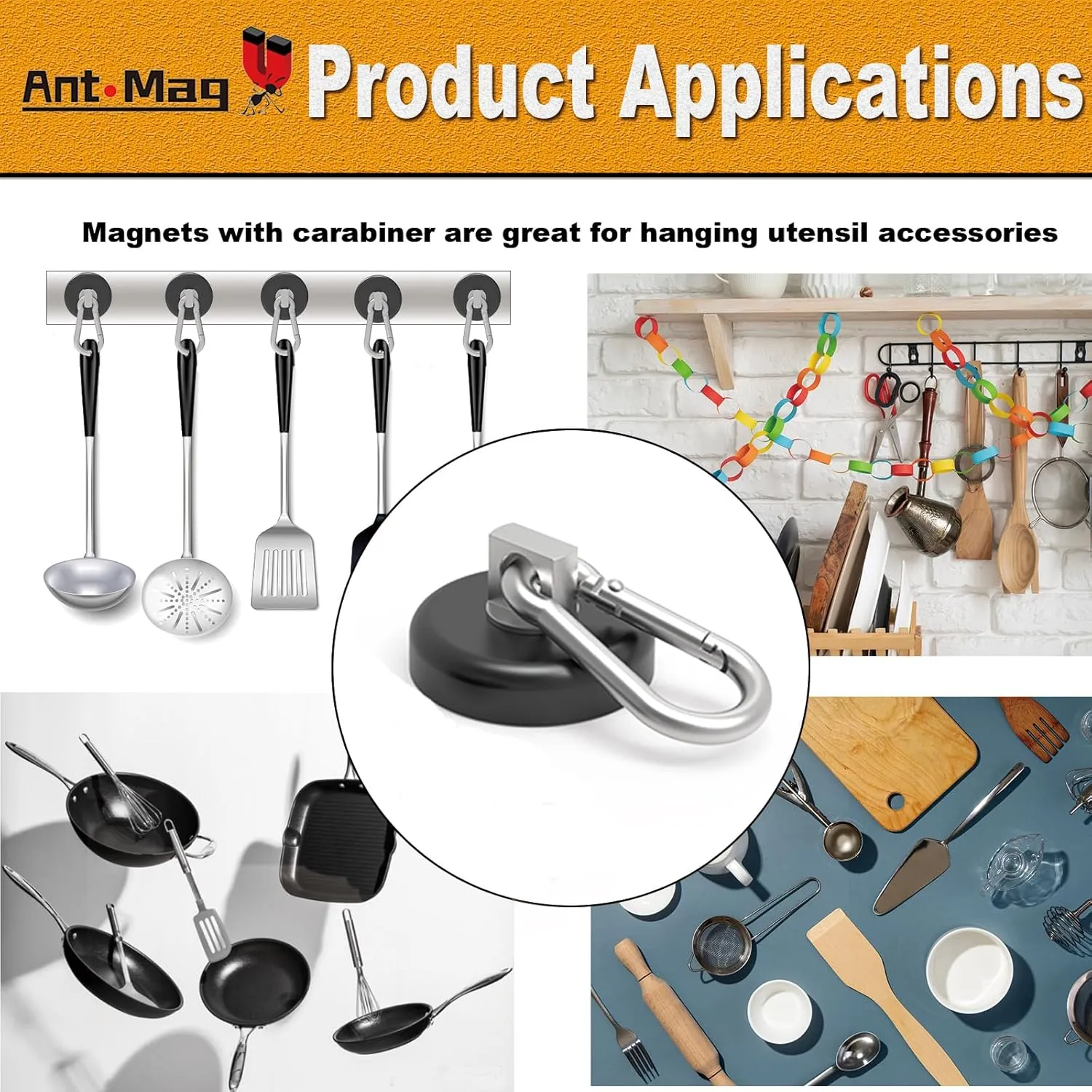 Ant Mag Heavy Duty Neodymium Magnet Hooks with Swiveling Carabiner - 140LBS Capacity, Indoor/Outdoor Use (4 Pack Black)