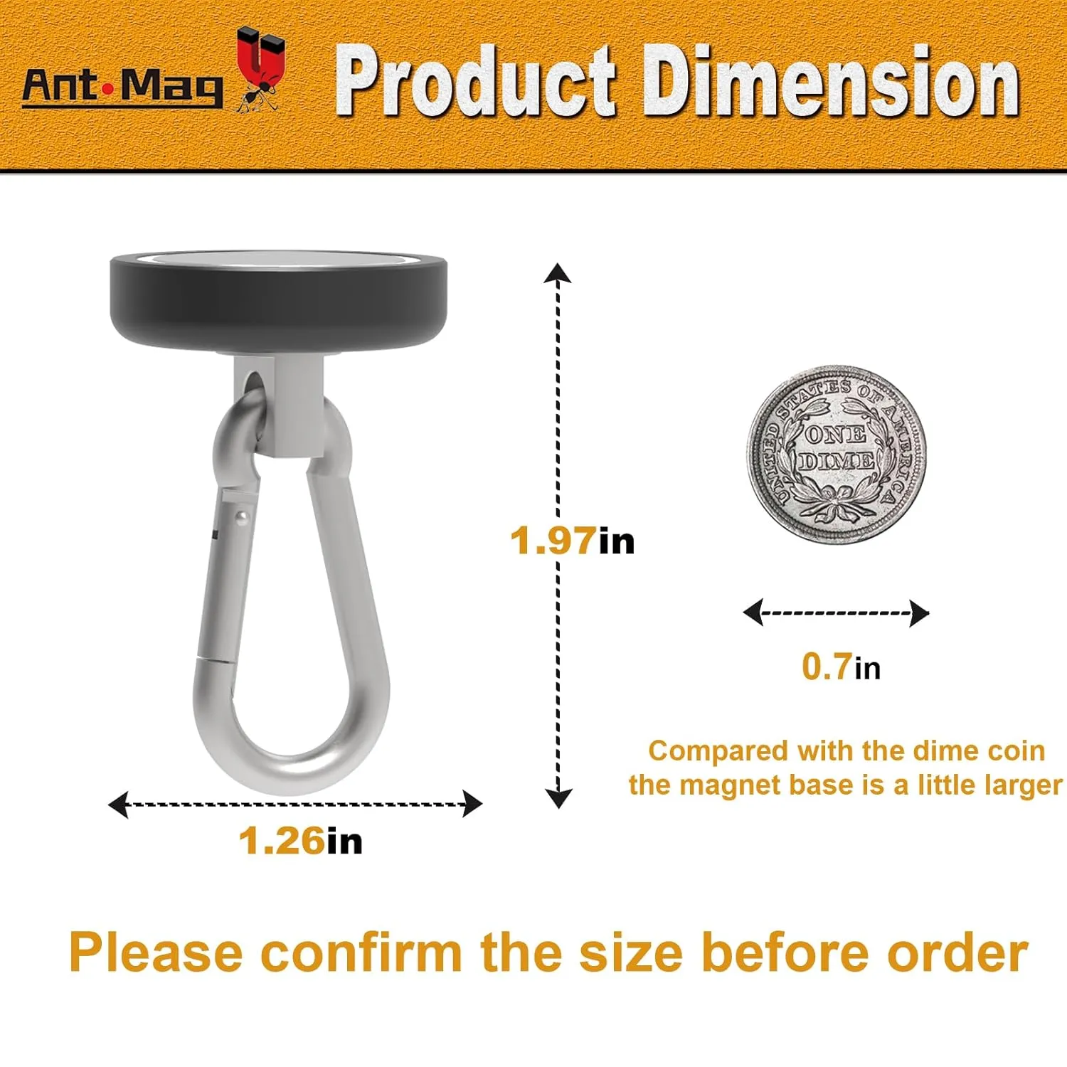 Ant Mag Heavy Duty Neodymium Magnet Hooks with Swiveling Carabiner - 140LBS Capacity, Indoor/Outdoor Use (4 Pack Black)