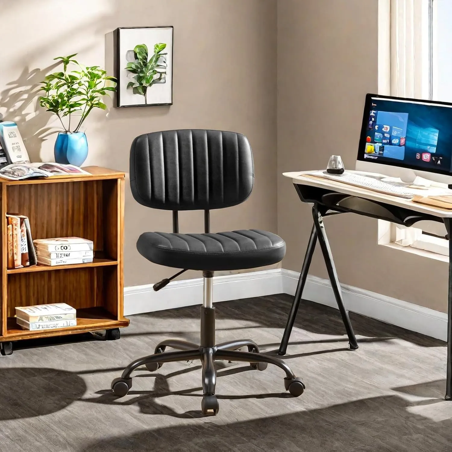 Armless Home Office Desk Chair with Back Lumbar Support, Ergonomic PU Leather Computer Task Chair with Adjustable Height, 360° Rolling Swivel for Adults Students, Black