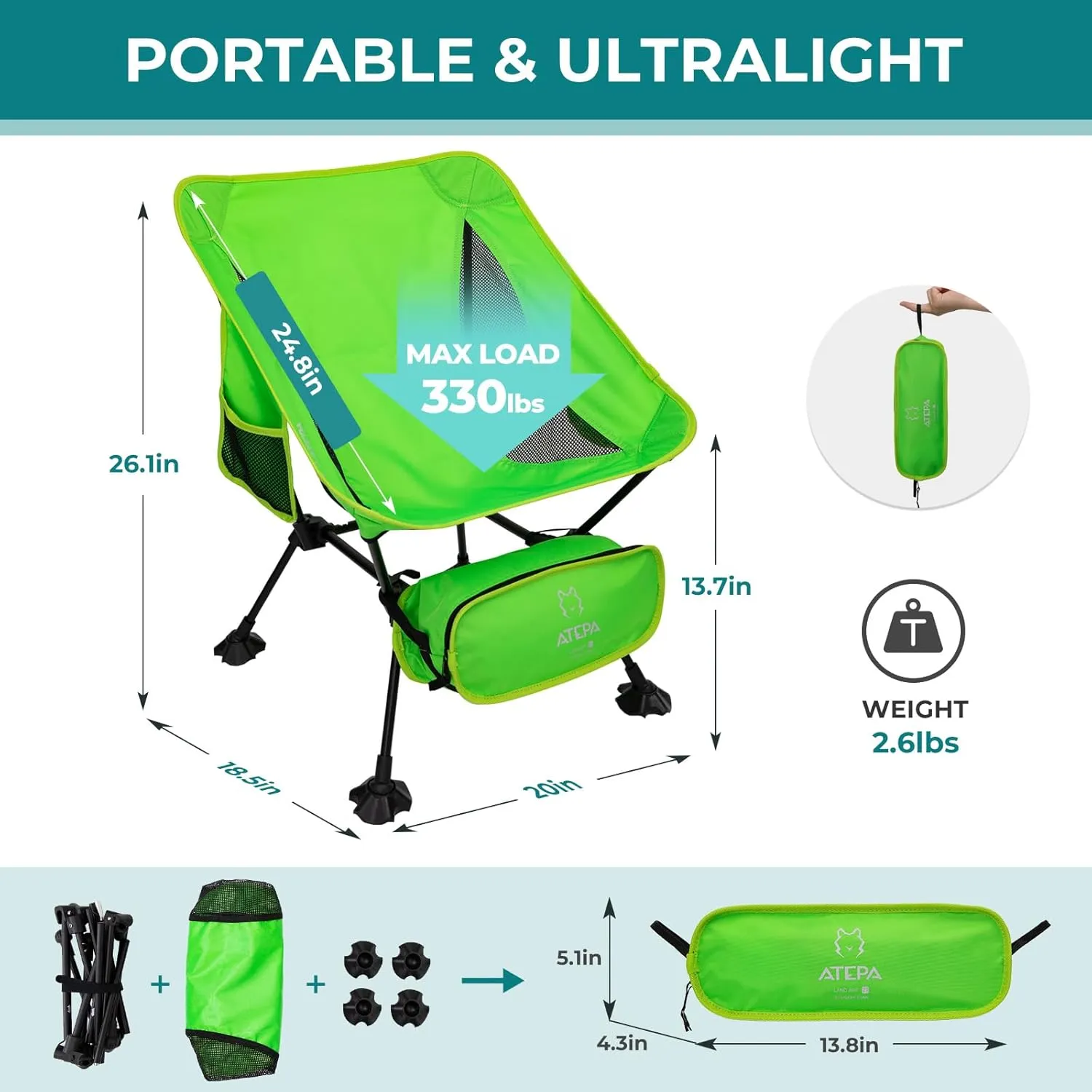 ATEPA Backpacking Chair, Ultralight Folding Portable Small Camping Chairs for Adults Compact Foldable Beach Seat with Anti-Sinking Feet & Aluminum Frame for Outdoor Hiking Travel Fishing