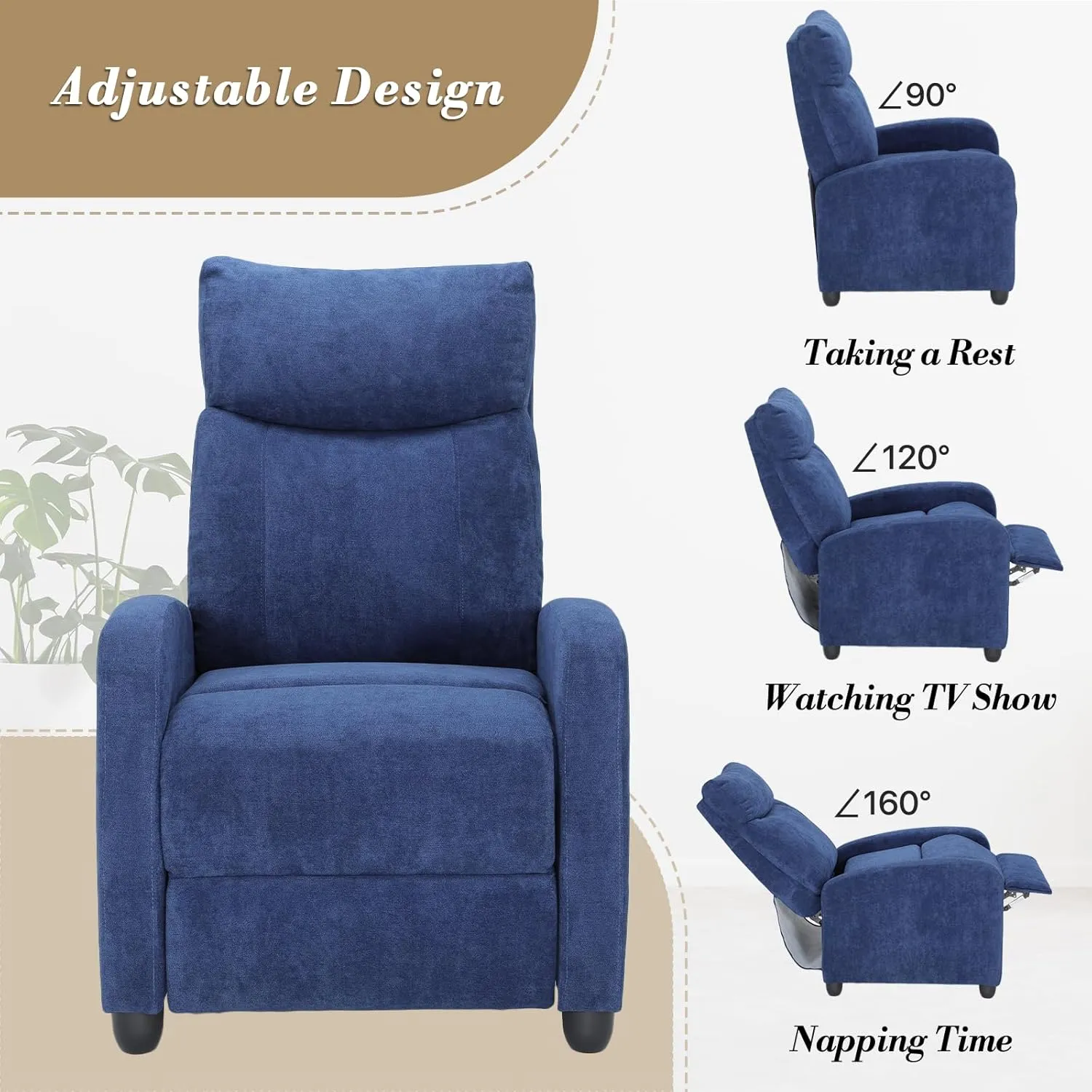 Athena Collection Recliner Chair, Reclining Lounge Chair with Adjustable Backrest and Footrest for Adults, Linen Upholstered Small Recliner Single Sofa for Small Space, Living Room, Bedroom, Blue