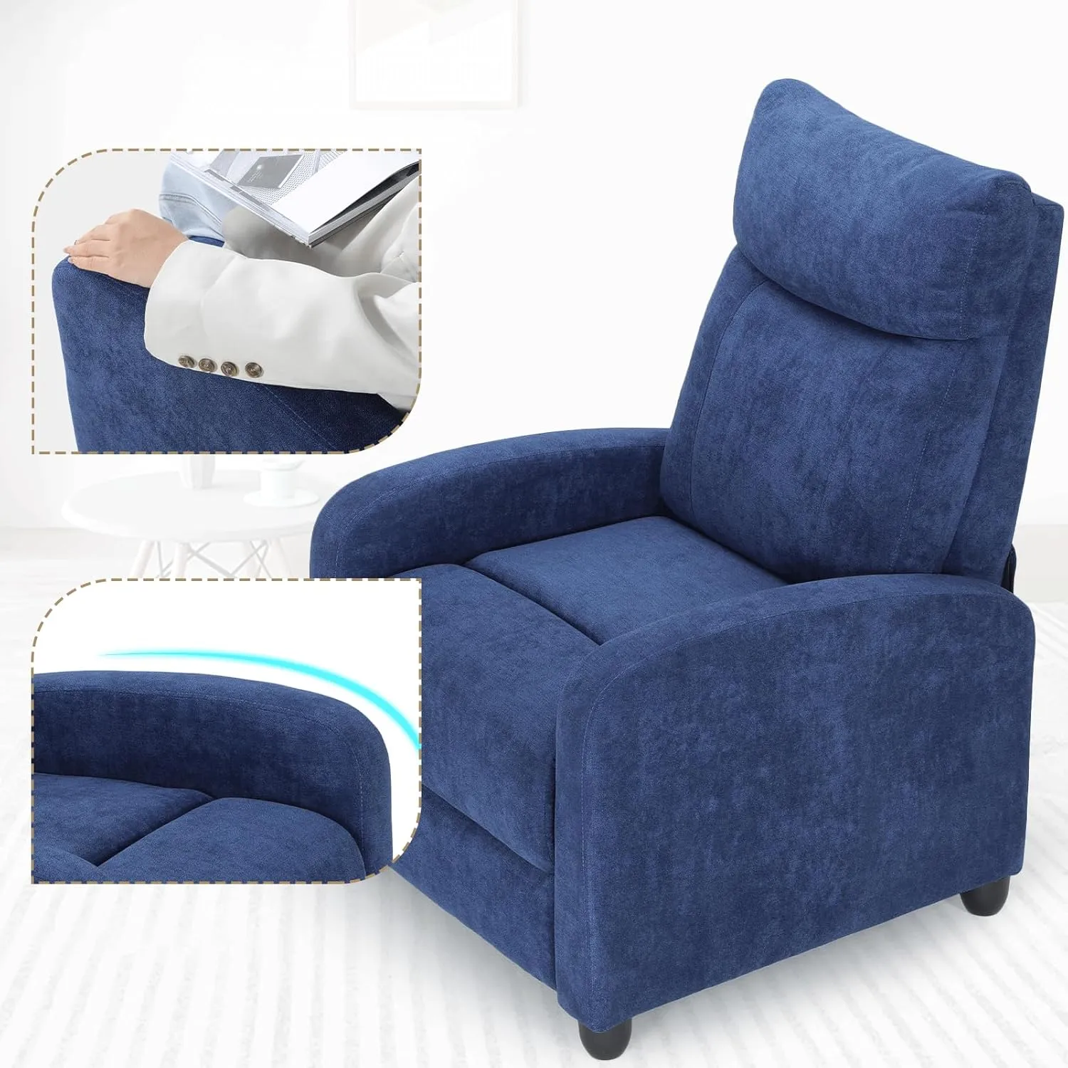 Athena Collection Recliner Chair, Reclining Lounge Chair with Adjustable Backrest and Footrest for Adults, Linen Upholstered Small Recliner Single Sofa for Small Space, Living Room, Bedroom, Blue
