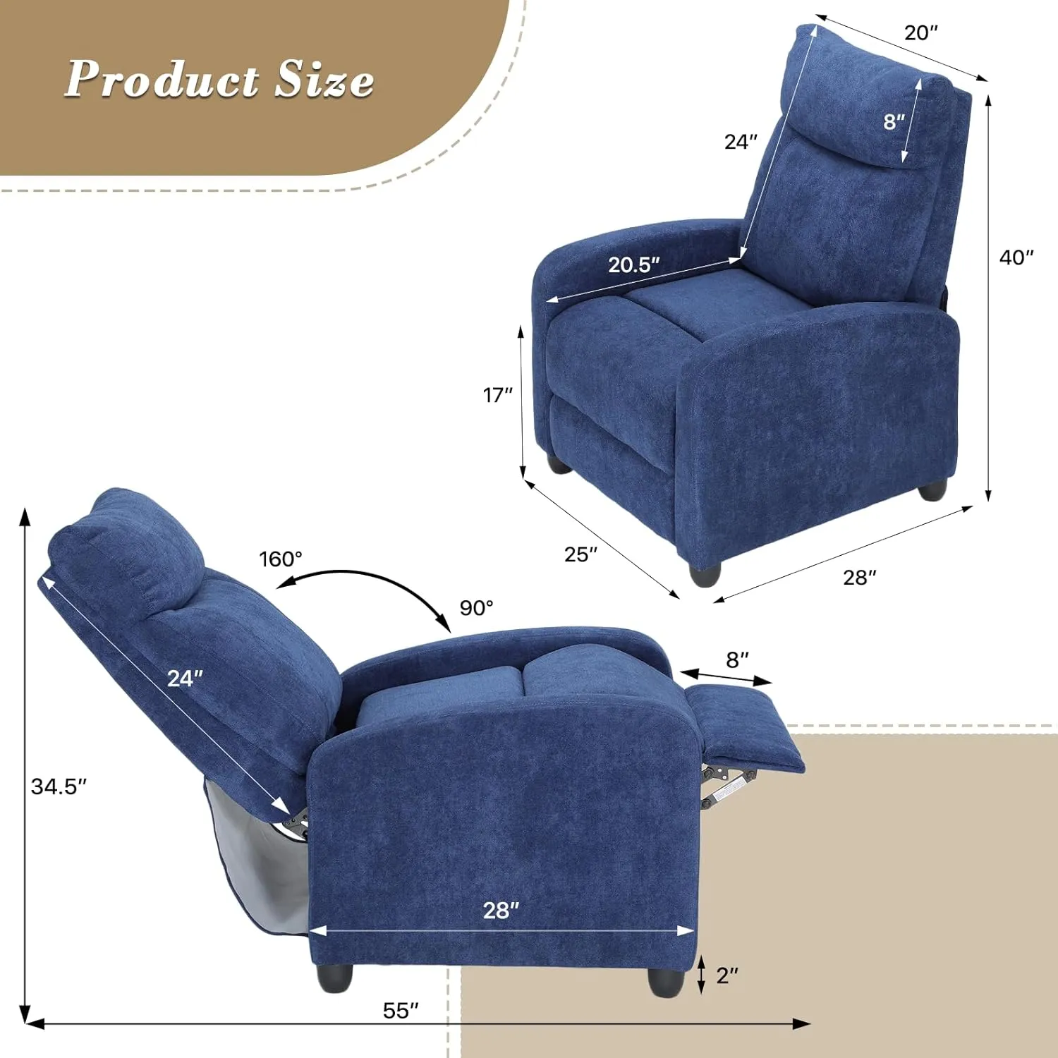 Athena Collection Recliner Chair, Reclining Lounge Chair with Adjustable Backrest and Footrest for Adults, Linen Upholstered Small Recliner Single Sofa for Small Space, Living Room, Bedroom, Blue