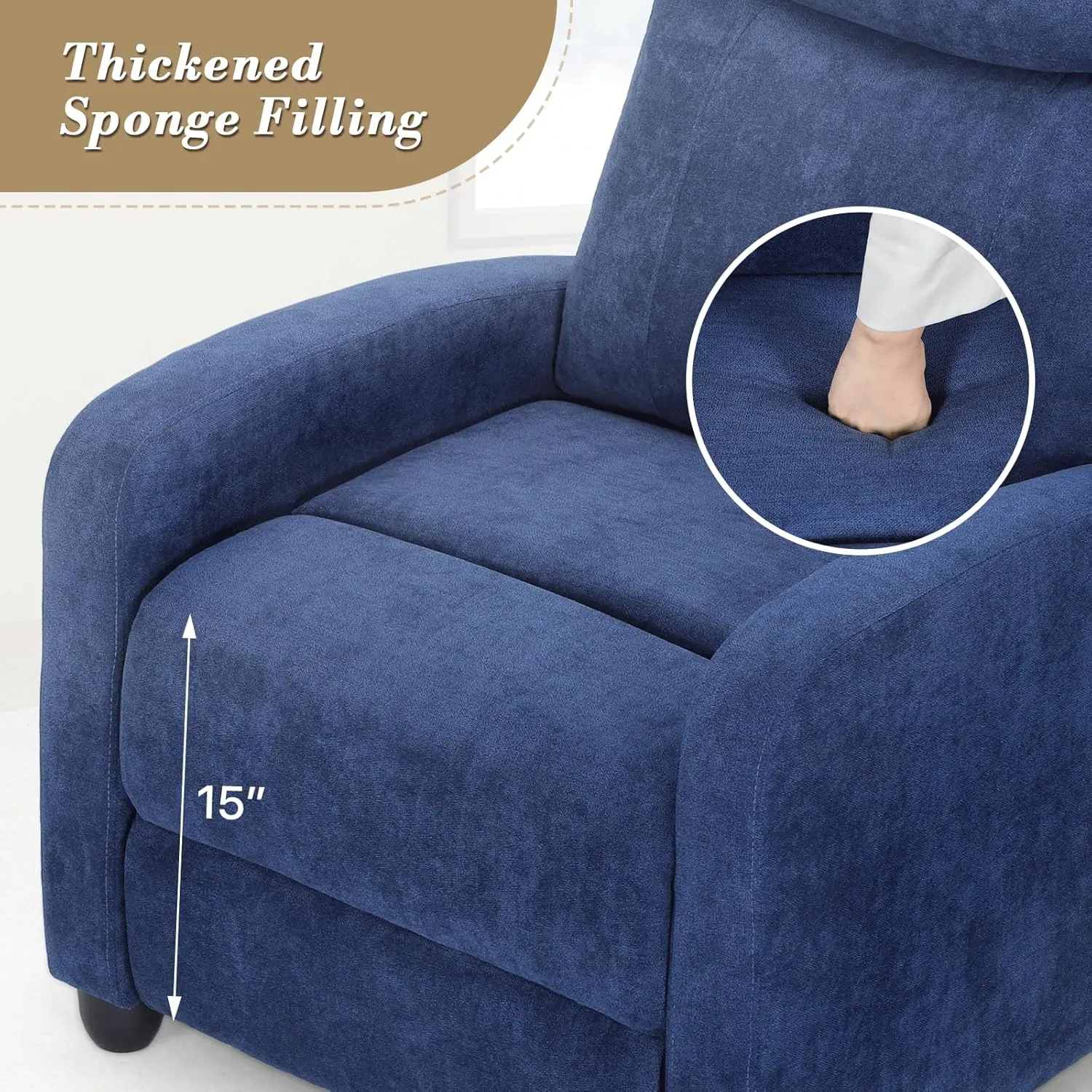 Athena Collection Recliner Chair, Reclining Lounge Chair with Adjustable Backrest and Footrest for Adults, Linen Upholstered Small Recliner Single Sofa for Small Space, Living Room, Bedroom, Blue