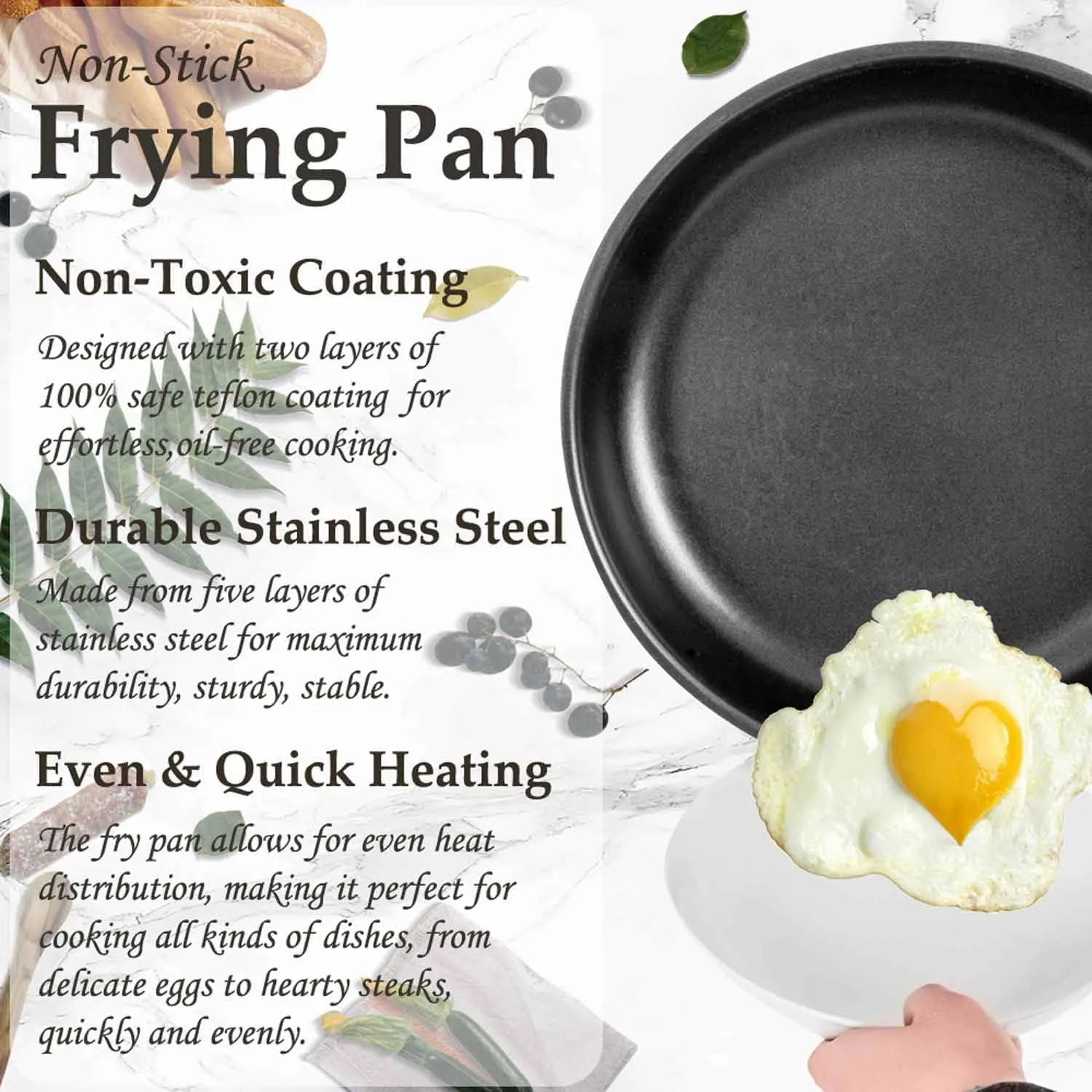 AUDANNE Nonstick Frying Pan with Lid, 10 inch Non Stick Stainless Steel Skillet with Handle - PFOA Free, Oven Safe Non-stick Teflon Coating Induction Cooking Fry Pans, Black 10"