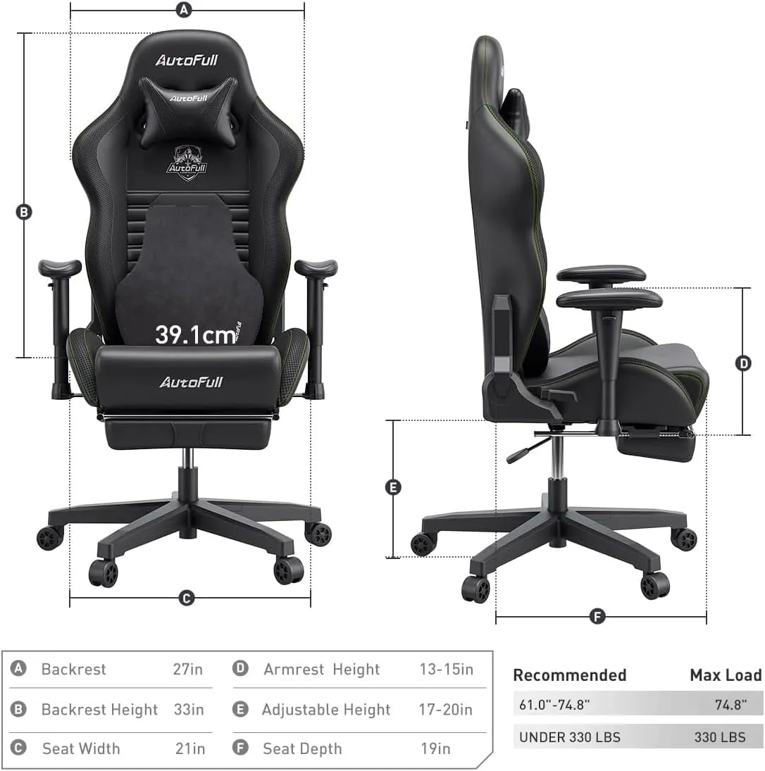 AutoFull C3 Gaming Chair, Racing Style Gaming Chair with Ergonomic Lumbar Support,Adjustable High Back PU Leather PC Chair with Footrest,Black
