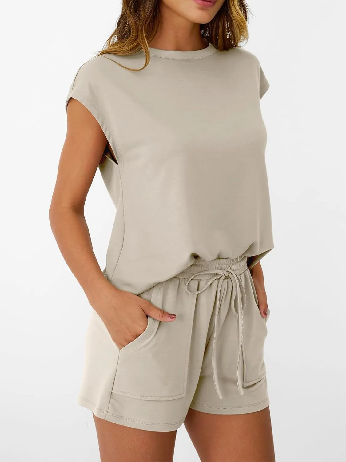 AUTOMET Womens Crew Neck Two Piece short Sets Cap Sleeve Drawstring Summer Sweatsuit with Pocket