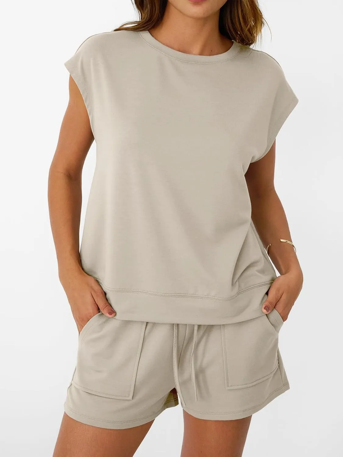AUTOMET Womens Crew Neck Two Piece short Sets Cap Sleeve Drawstring Summer Sweatsuit with Pocket