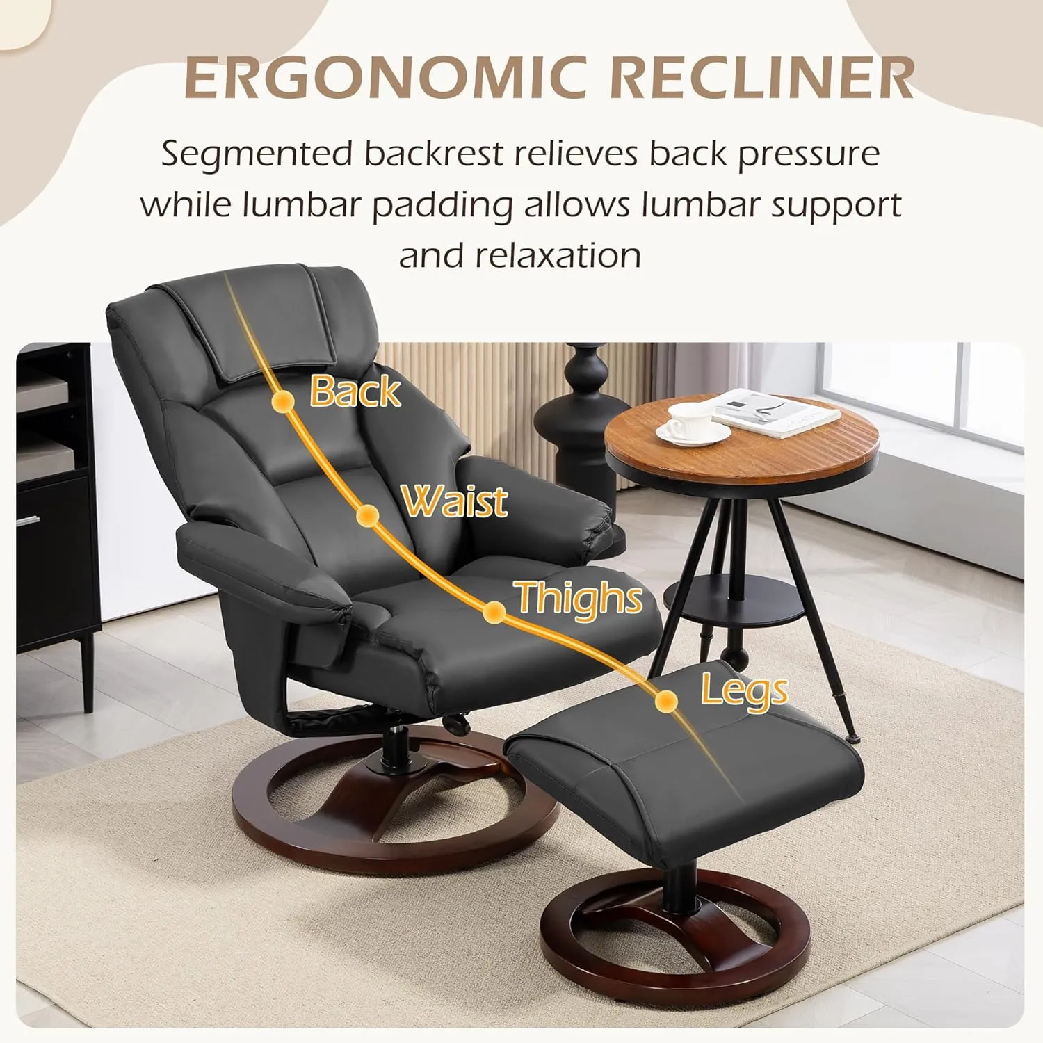 AVAWING Swivel Recliner Chair with Ottoman, Adjustable Faux Leather Lounge Chair, Reclining Chair and Ottoman with Wood Base for Living Room & Bedroom, Black