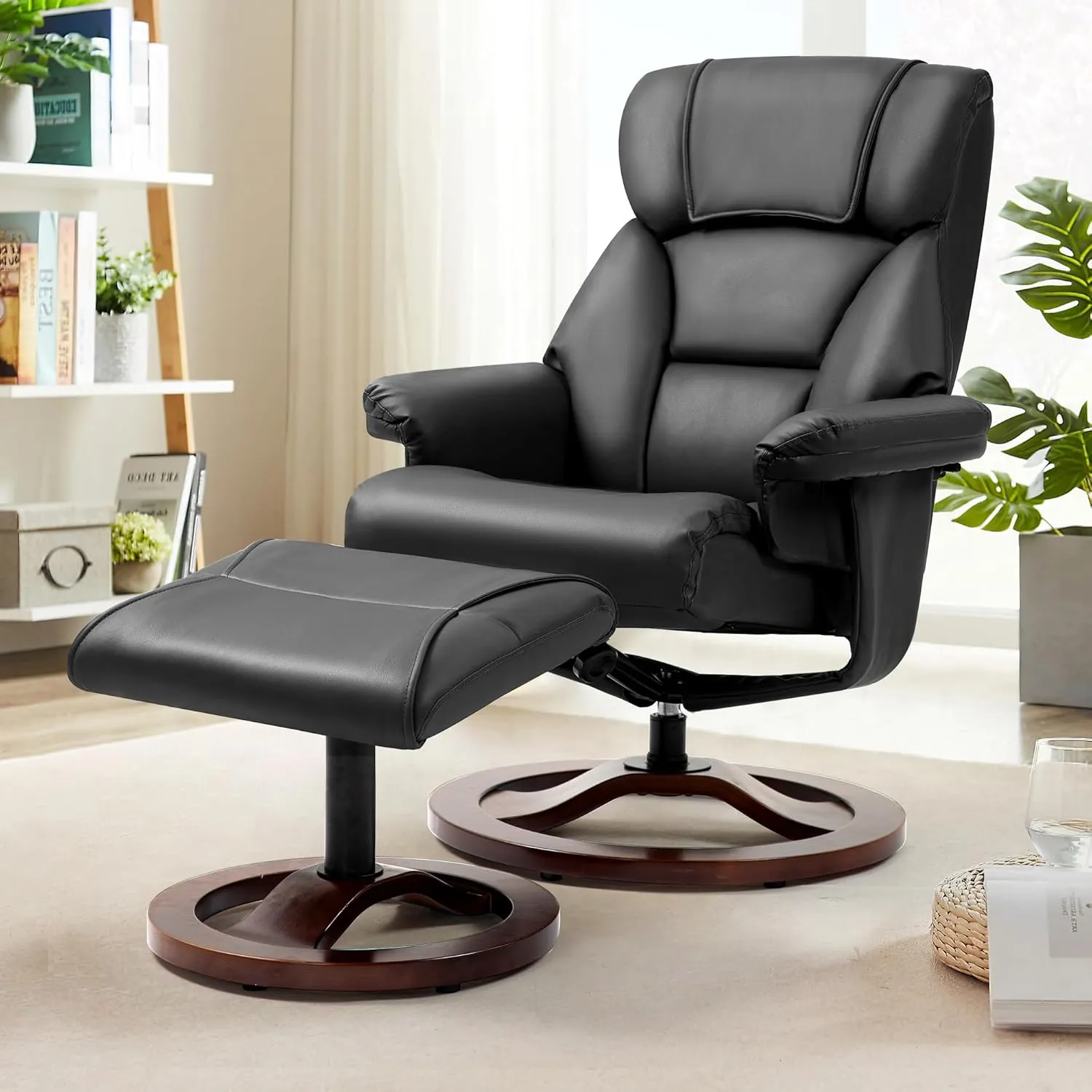 AVAWING Swivel Recliner Chair with Ottoman, Adjustable Faux Leather Lounge Chair, Reclining Chair and Ottoman with Wood Base for Living Room & Bedroom, Black