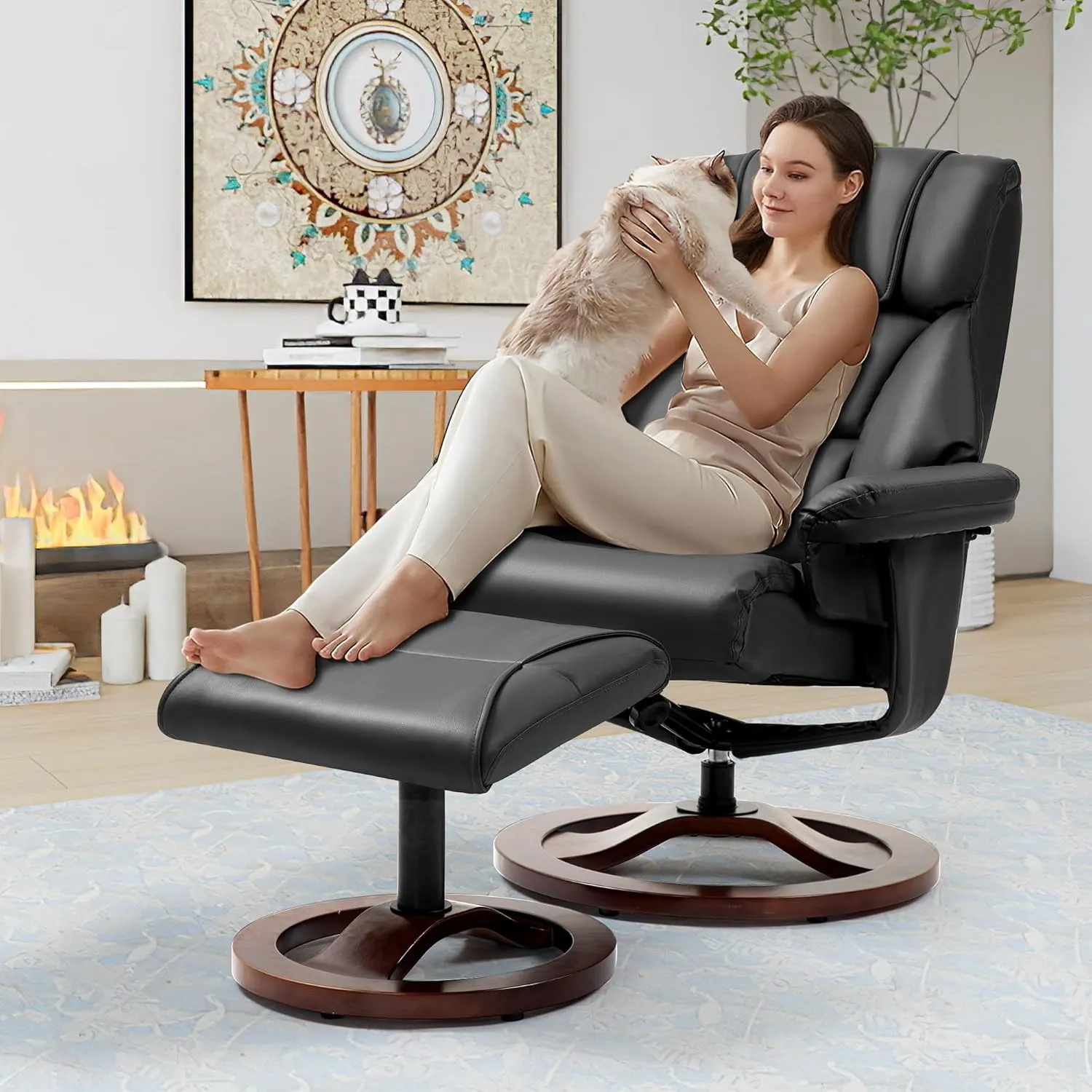 AVAWING Swivel Recliner Chair with Ottoman, Adjustable Faux Leather Lounge Chair, Reclining Chair and Ottoman with Wood Base for Living Room & Bedroom, Black