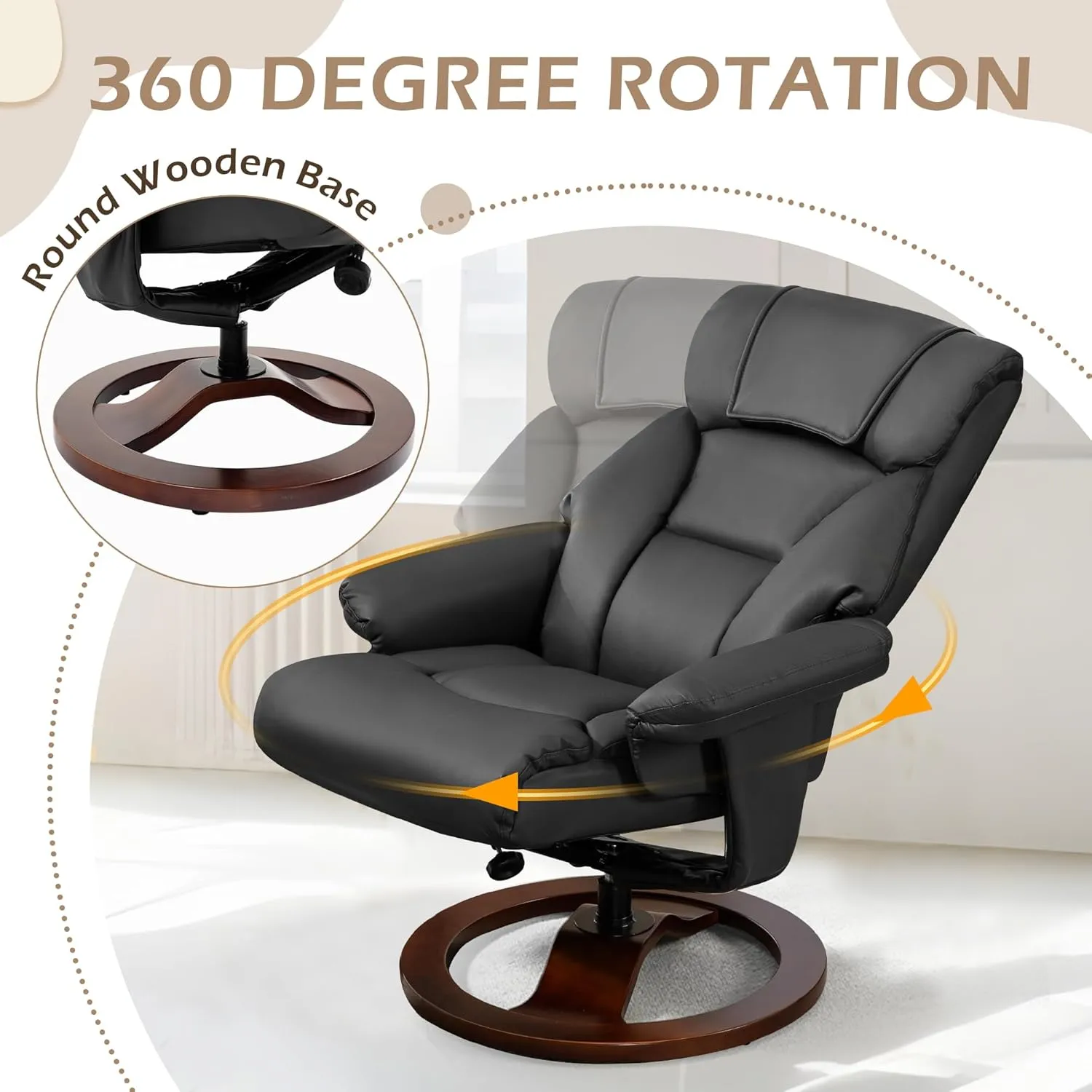 AVAWING Swivel Recliner Chair with Ottoman, Adjustable Faux Leather Lounge Chair, Reclining Chair and Ottoman with Wood Base for Living Room & Bedroom, Black