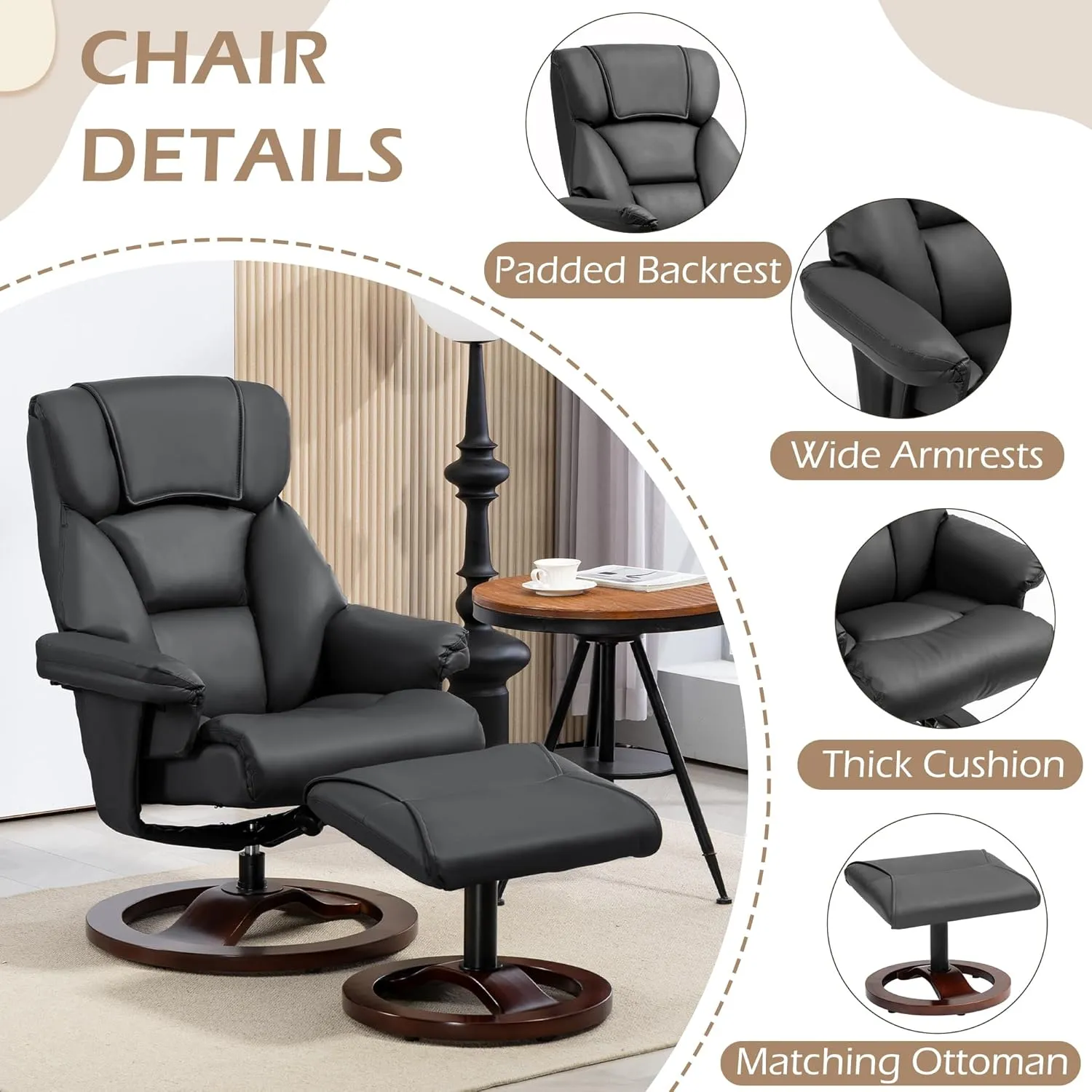 AVAWING Swivel Recliner Chair with Ottoman, Adjustable Faux Leather Lounge Chair, Reclining Chair and Ottoman with Wood Base for Living Room & Bedroom, Black