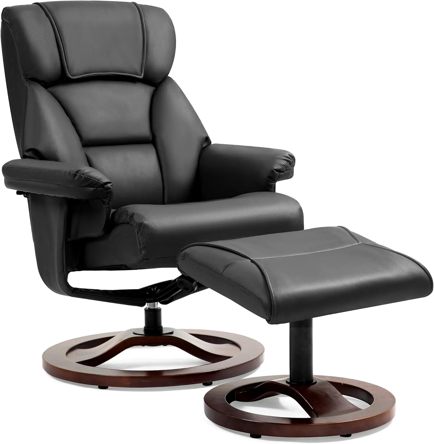 AVAWING Swivel Recliner Chair with Ottoman, Adjustable Faux Leather Lounge Chair, Reclining Chair and Ottoman with Wood Base for Living Room & Bedroom, Black