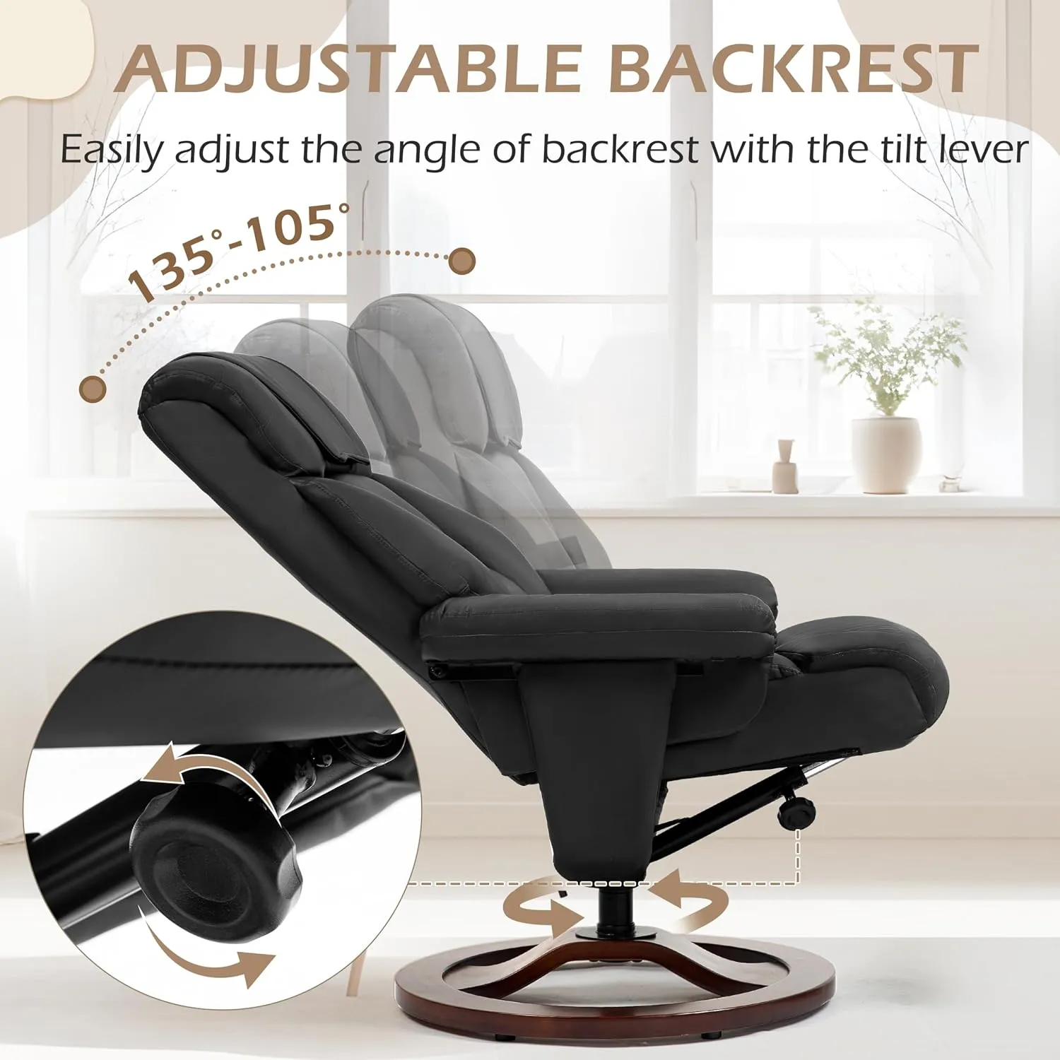 AVAWING Swivel Recliner Chair with Ottoman, Adjustable Faux Leather Lounge Chair, Reclining Chair and Ottoman with Wood Base for Living Room & Bedroom, Black