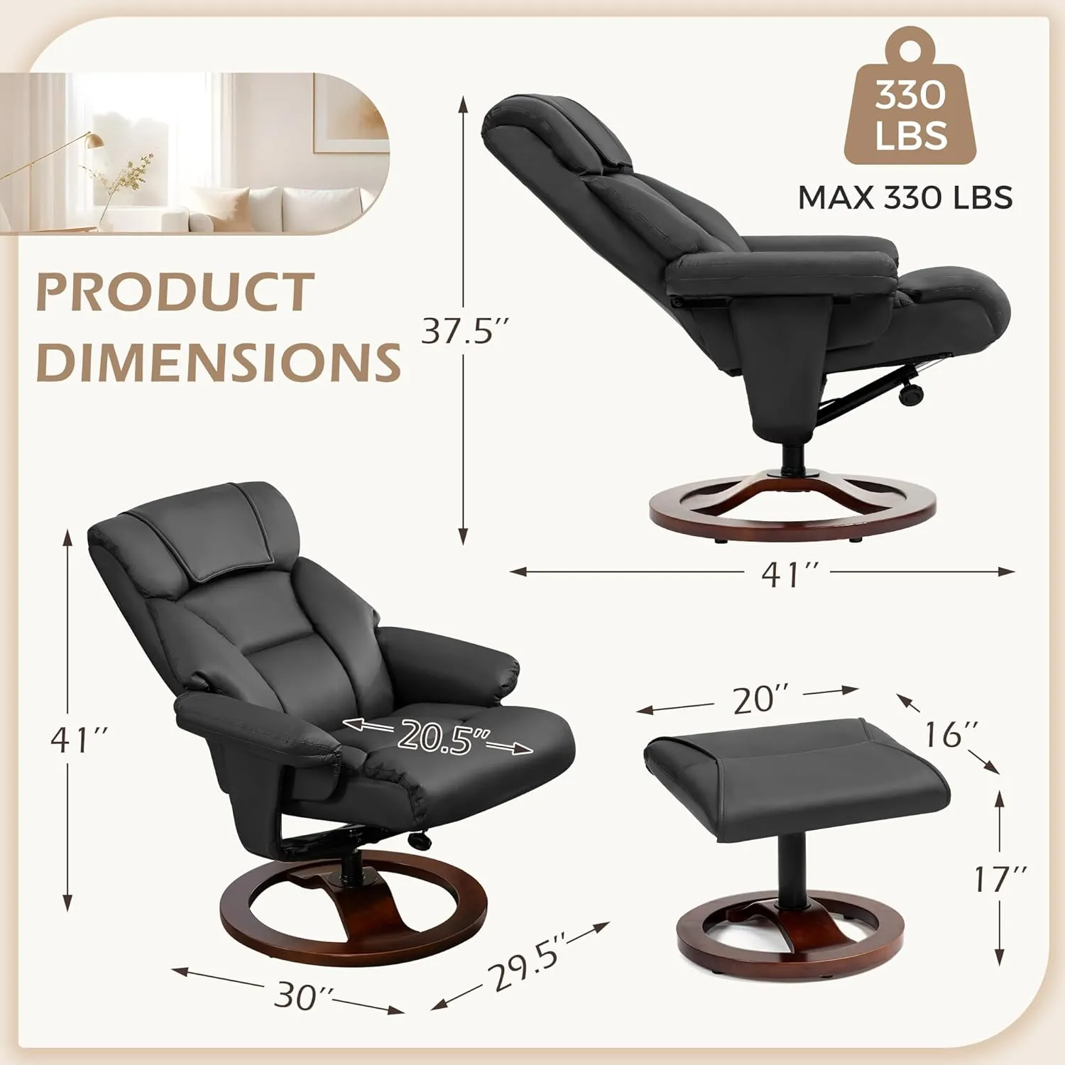 AVAWING Swivel Recliner Chair with Ottoman, Adjustable Faux Leather Lounge Chair, Reclining Chair and Ottoman with Wood Base for Living Room & Bedroom, Black