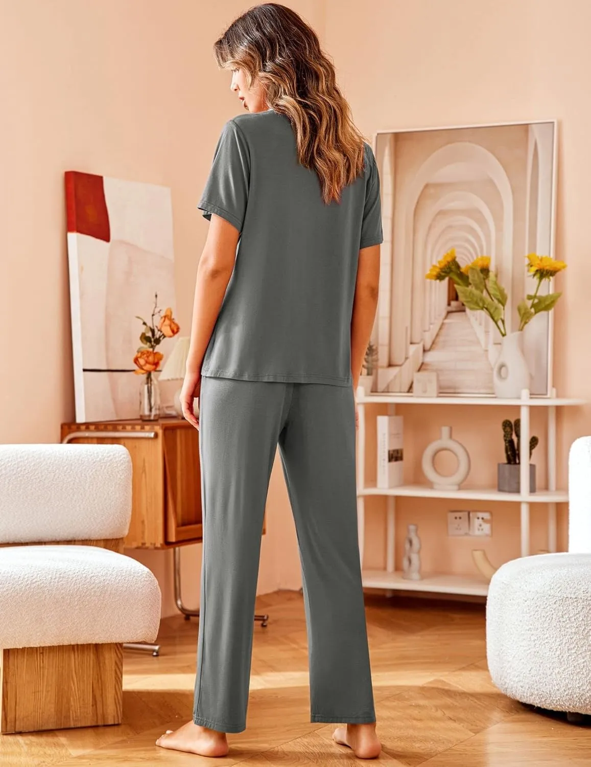 Avidlove Women Pajamas Set Notch Collar Soft Sleepwear Pjs Short Sleeve Button Down Nightwear with Long Pants