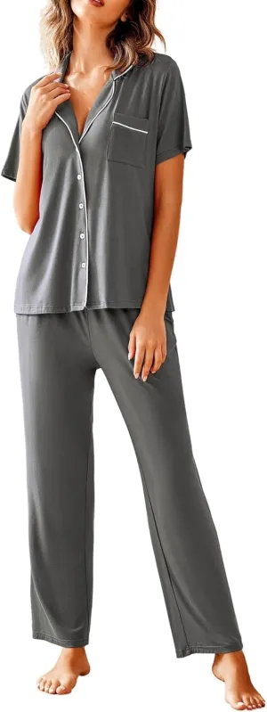 Avidlove Women Pajamas Set Notch Collar Soft Sleepwear Pjs Short Sleeve Button Down Nightwear with Long Pants