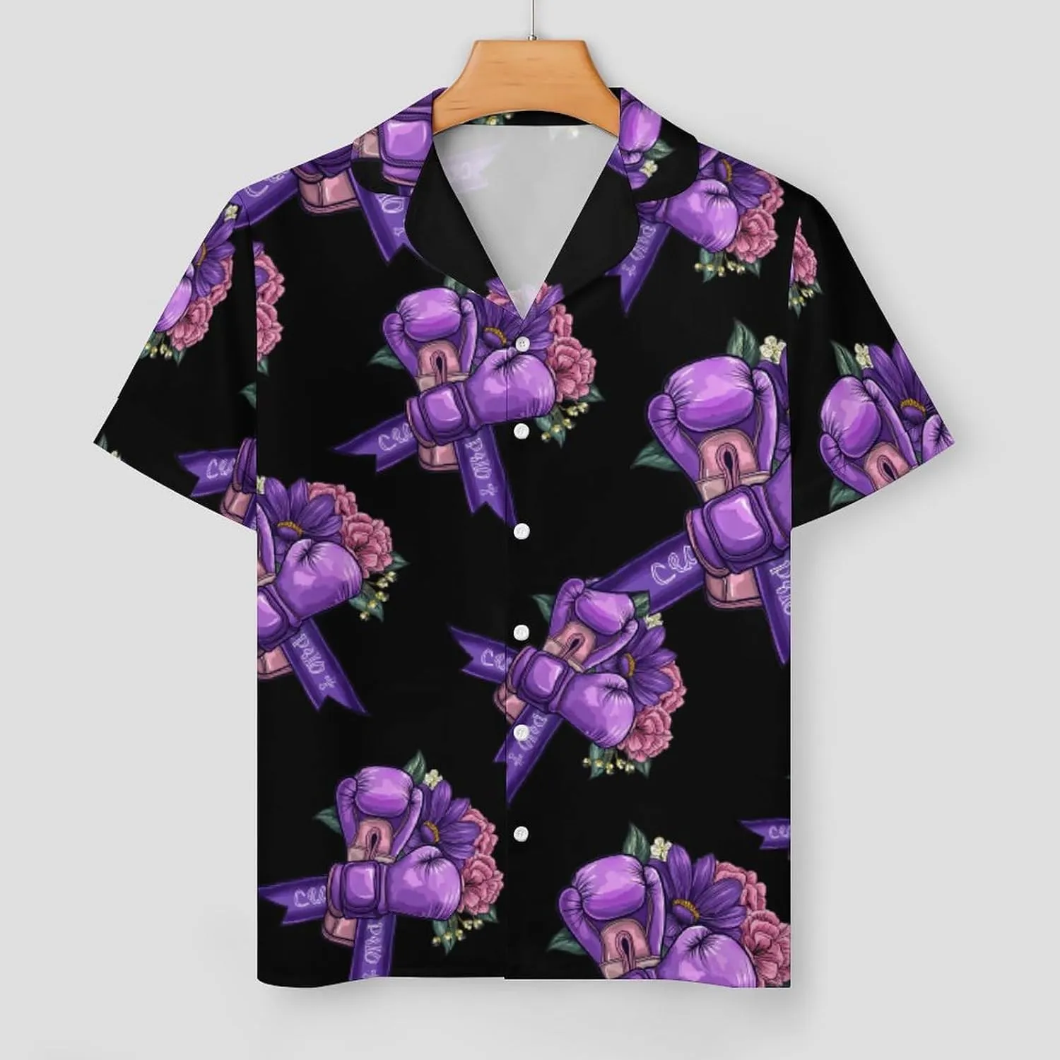 Awareness Purple Ribbon With Boxing Gloves Women's Satin Pajama Set Short Sleeve Button Down Sleepwear Loungewear Pj Set