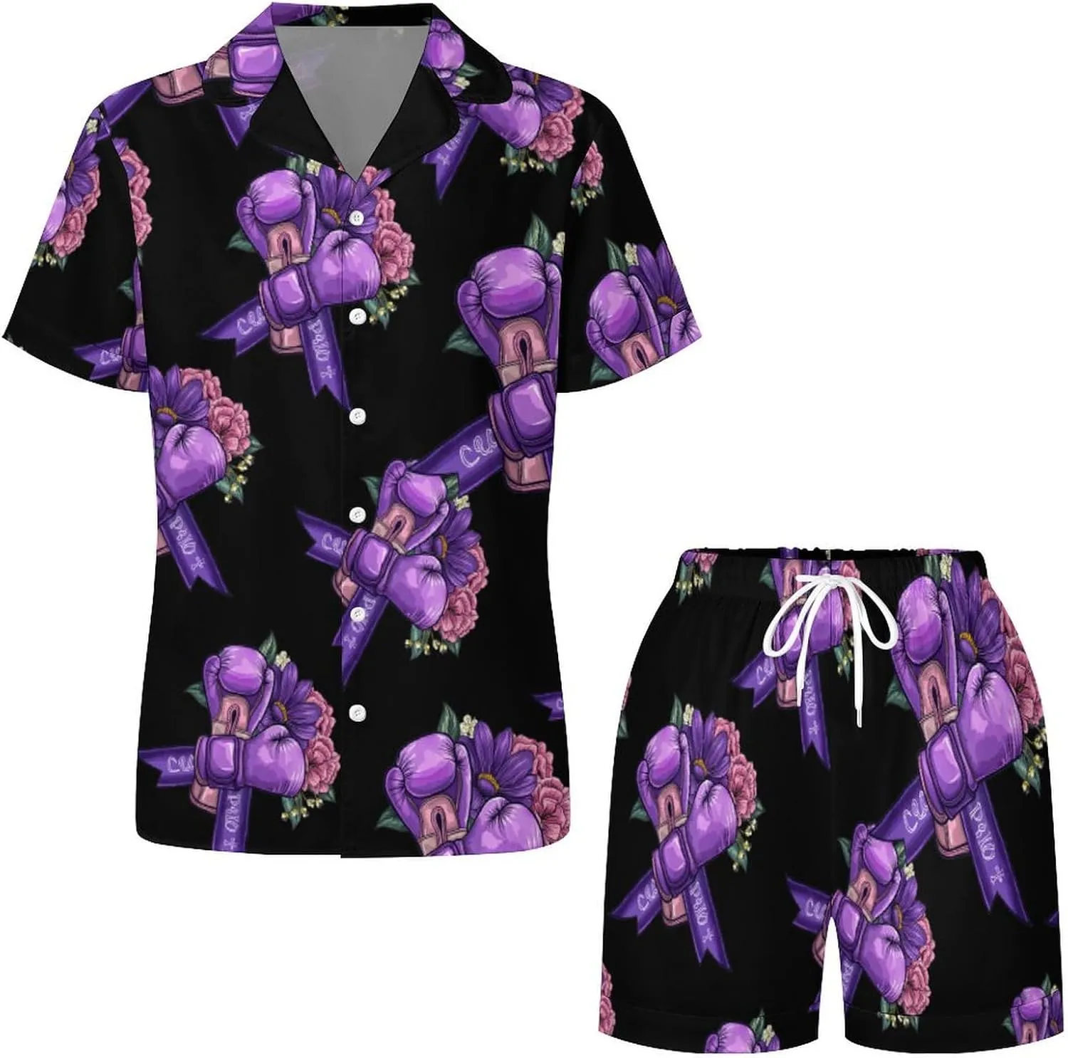 Awareness Purple Ribbon With Boxing Gloves Women's Satin Pajama Set Short Sleeve Button Down Sleepwear Loungewear Pj Set