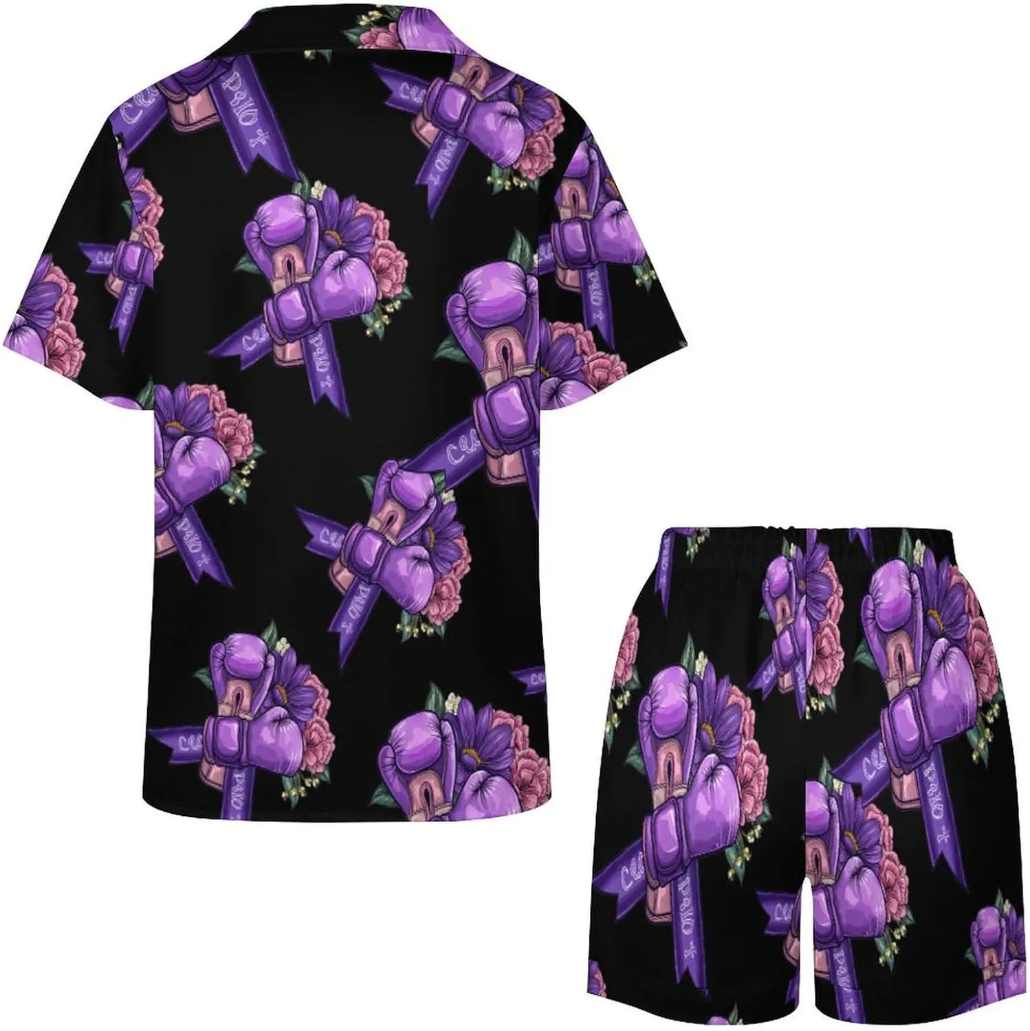 Awareness Purple Ribbon With Boxing Gloves Women's Satin Pajama Set Short Sleeve Button Down Sleepwear Loungewear Pj Set
