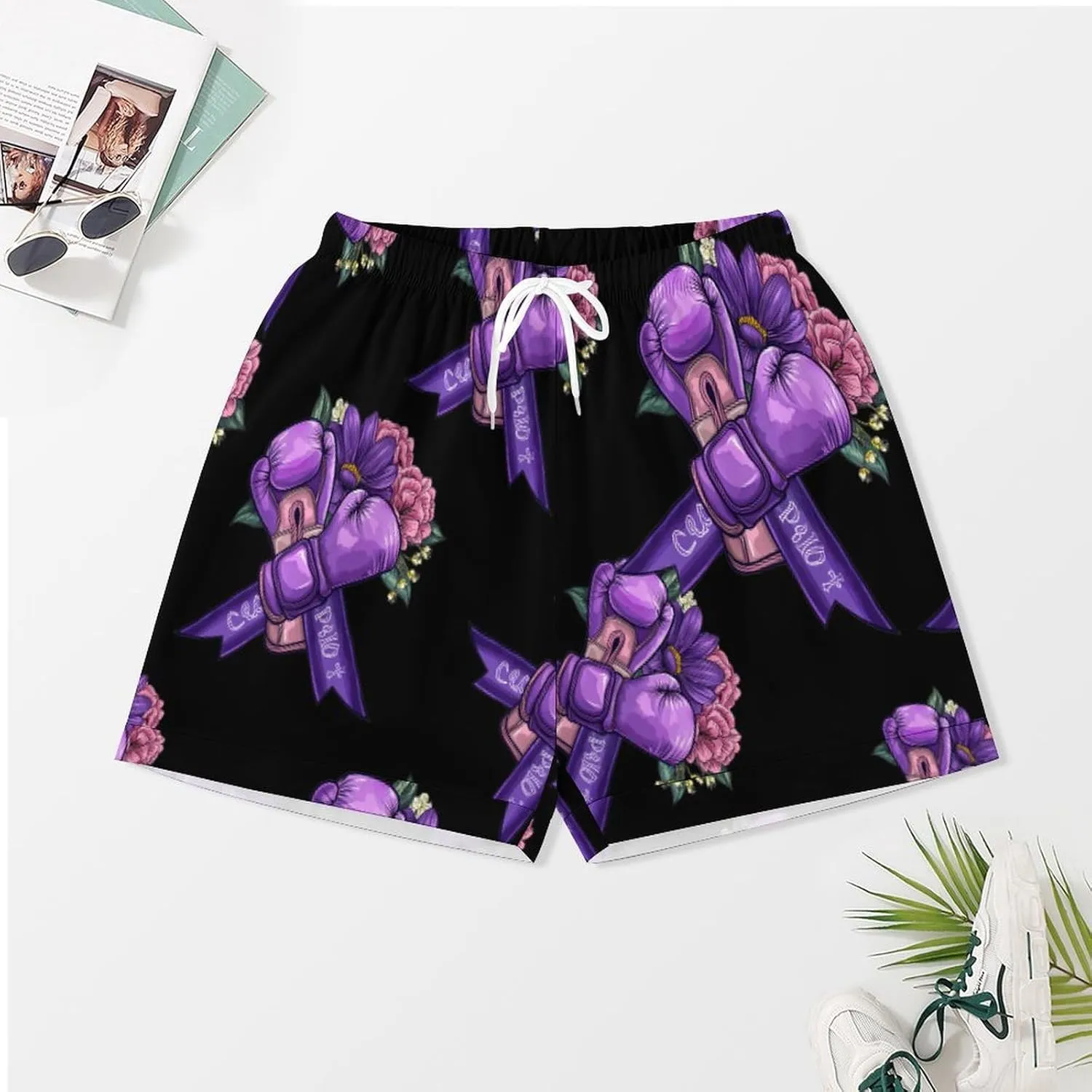 Awareness Purple Ribbon With Boxing Gloves Women's Satin Pajama Set Short Sleeve Button Down Sleepwear Loungewear Pj Set
