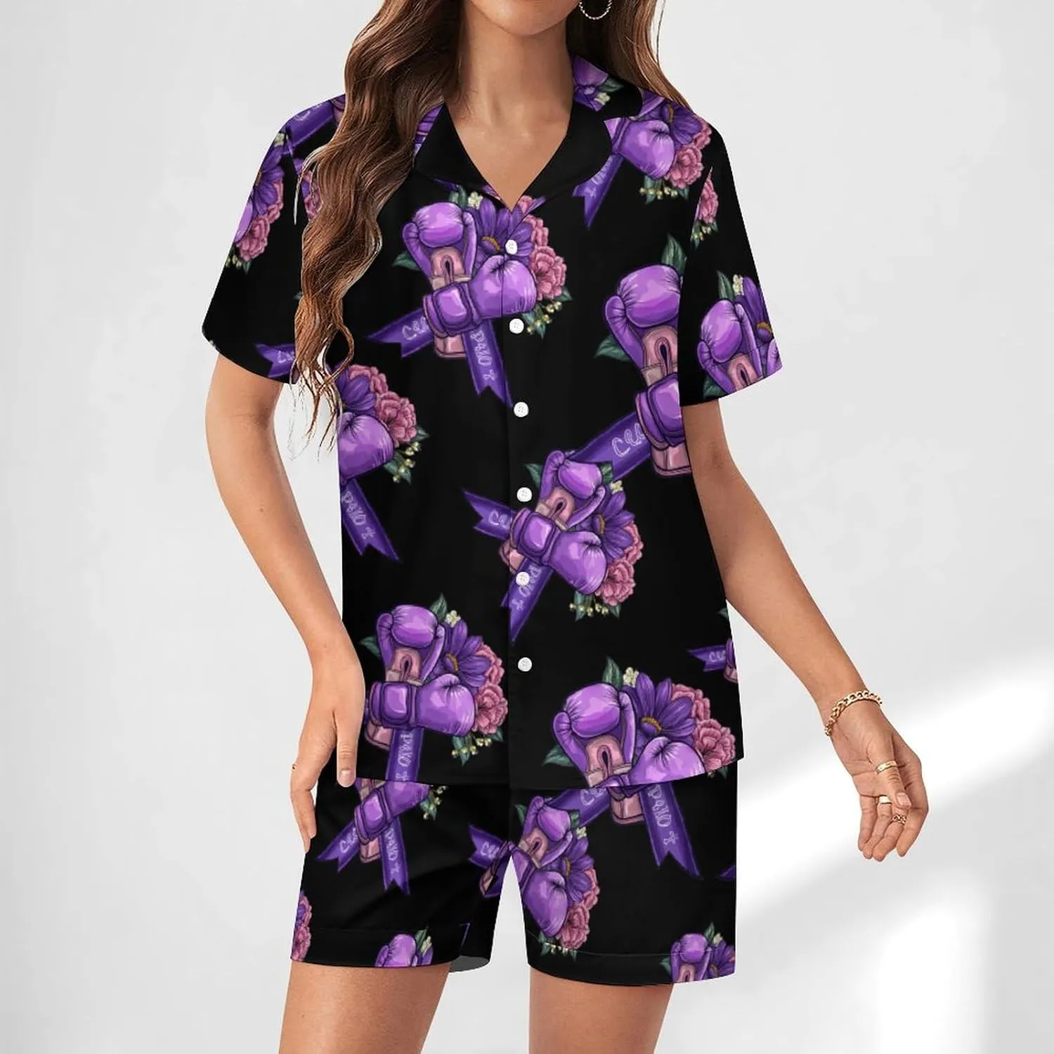 Awareness Purple Ribbon With Boxing Gloves Women's Satin Pajama Set Short Sleeve Button Down Sleepwear Loungewear Pj Set
