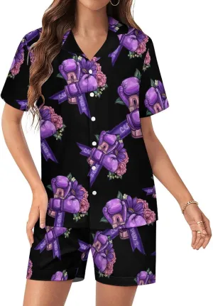 Awareness Purple Ribbon With Boxing Gloves Women's Satin Pajama Set Short Sleeve Button Down Sleepwear Loungewear Pj Set