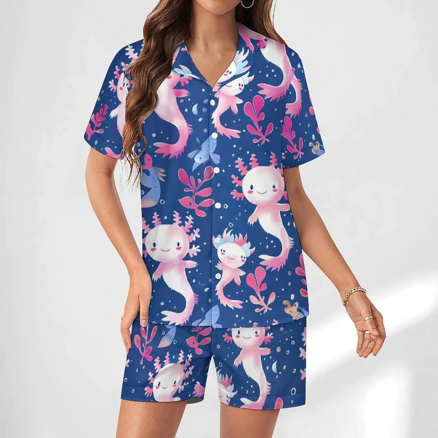 Axolotl Pattern Women's Satin Pajama Set Short Sleeve Button Down Sleepwear Loungewear Pj Set