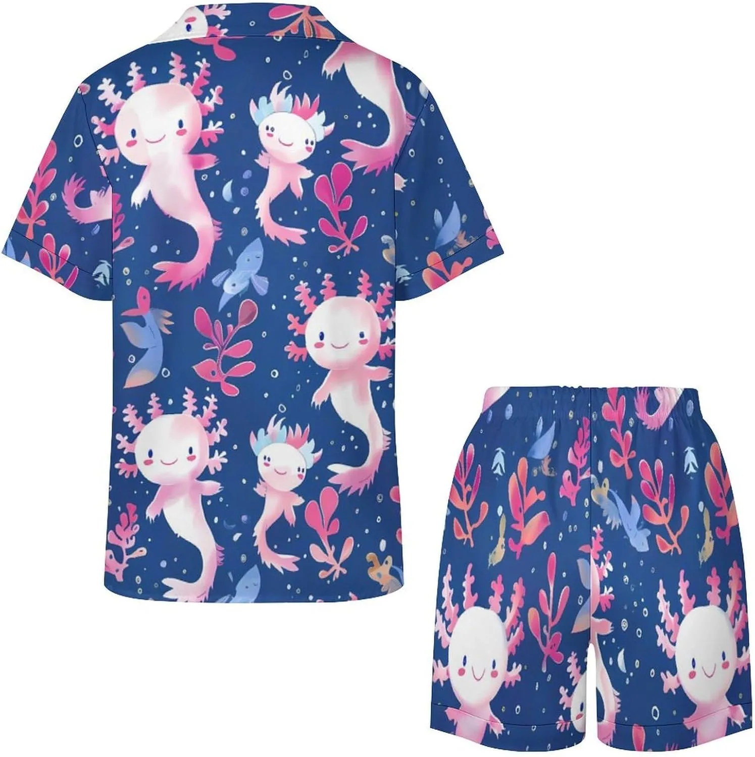 Axolotl Pattern Women's Satin Pajama Set Short Sleeve Button Down Sleepwear Loungewear Pj Set