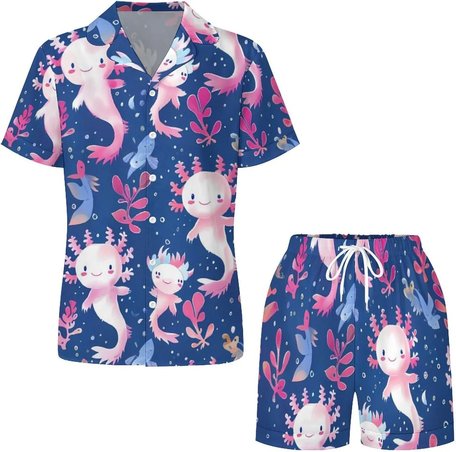 Axolotl Pattern Women's Satin Pajama Set Short Sleeve Button Down Sleepwear Loungewear Pj Set
