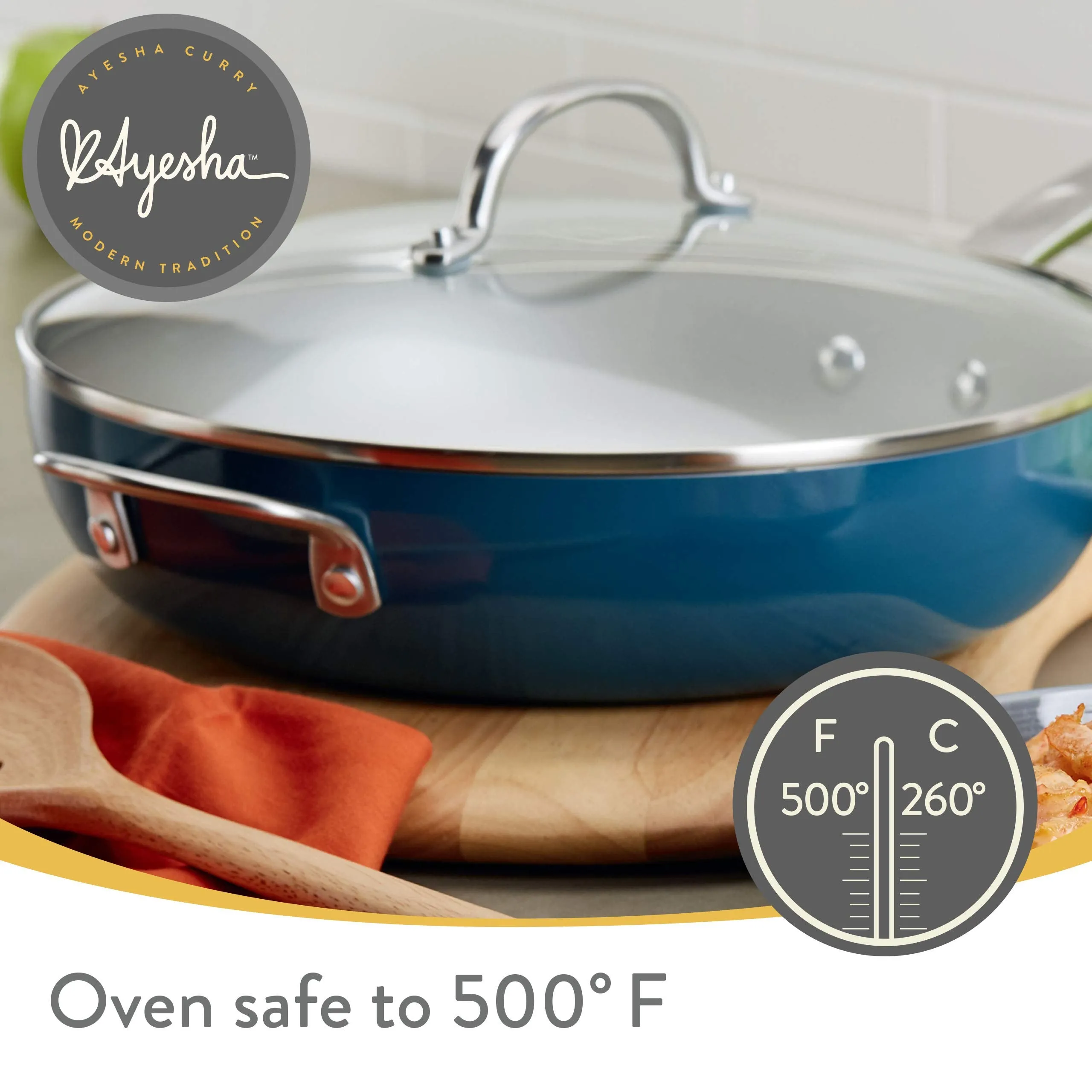 Ayesha Curry Home Collection Porcelain Enamel Nonstick Covered Deep Skillet With Helper Handle, 12 Inch Frying Pan, Glass Lid, Brown Sugar