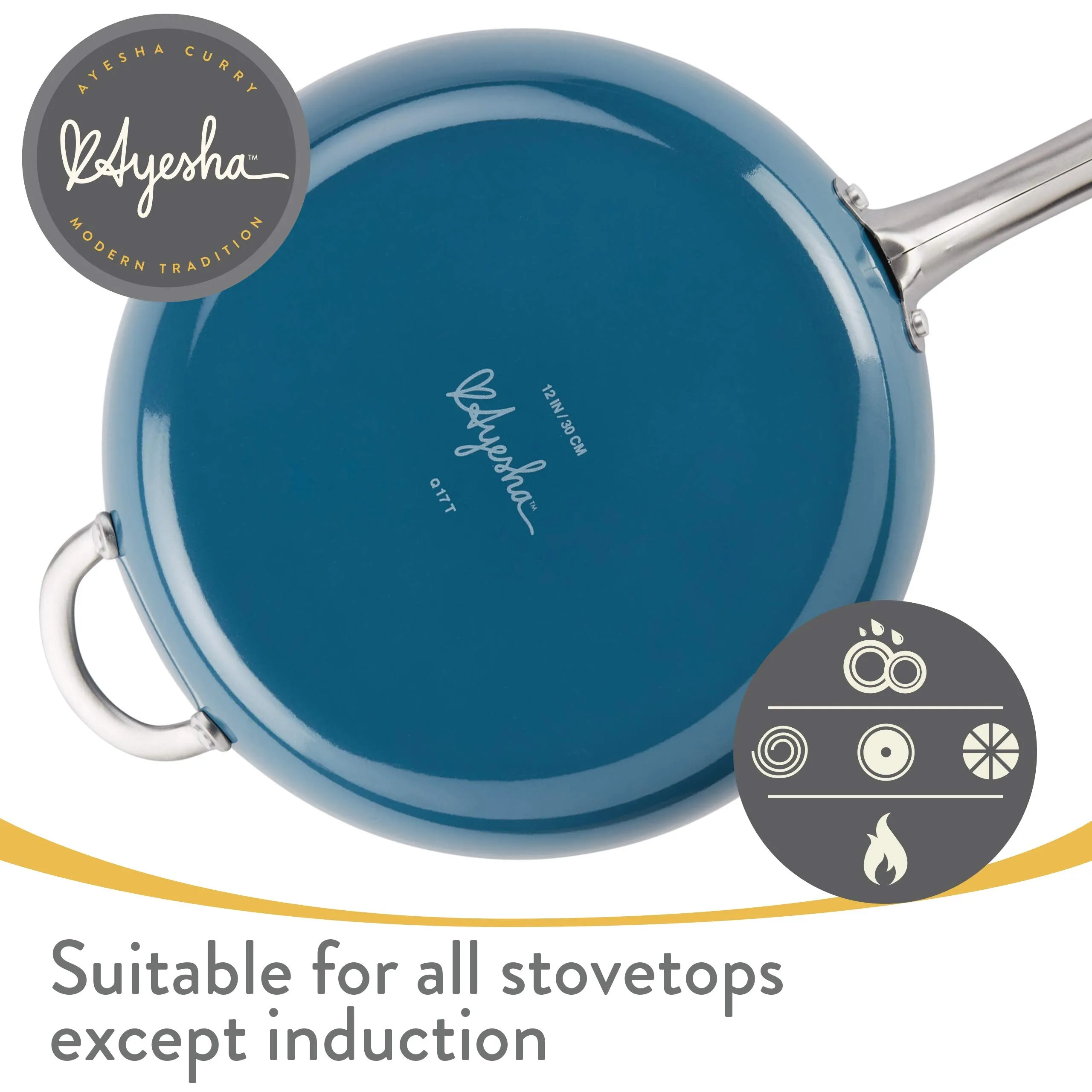 Ayesha Curry Home Collection Porcelain Enamel Nonstick Covered Deep Skillet With Helper Handle, 12 Inch Frying Pan, Glass Lid, Brown Sugar