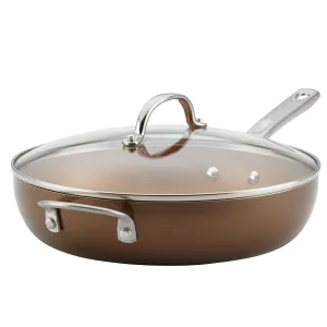 Ayesha Curry Home Collection Porcelain Enamel Nonstick Covered Deep Skillet With Helper Handle, 12 Inch Frying Pan, Glass Lid, Brown Sugar