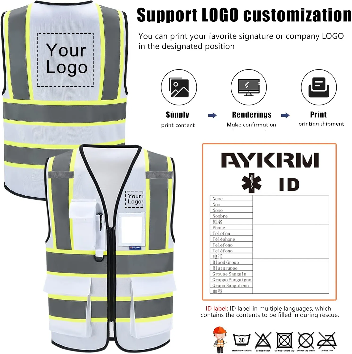 AYKRM 11 color High Vis Reflective Safety Vest for Women Men Security Pocket Zipper