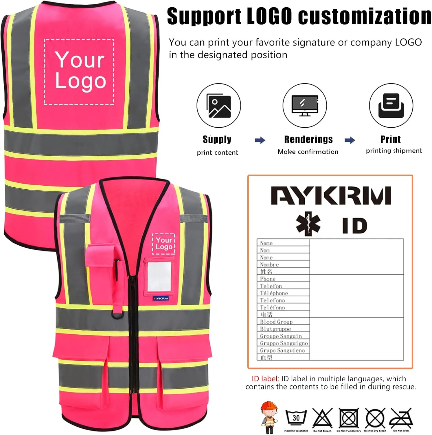 AYKRM 11 color High Vis Reflective Safety Vest for Women Men Security Pocket Zipper