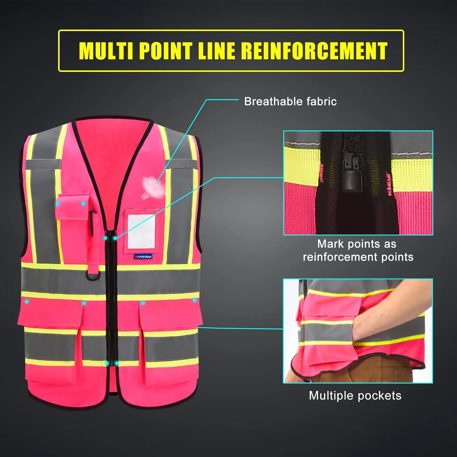 AYKRM 11 color High Vis Reflective Safety Vest for Women Men Security Pocket Zipper