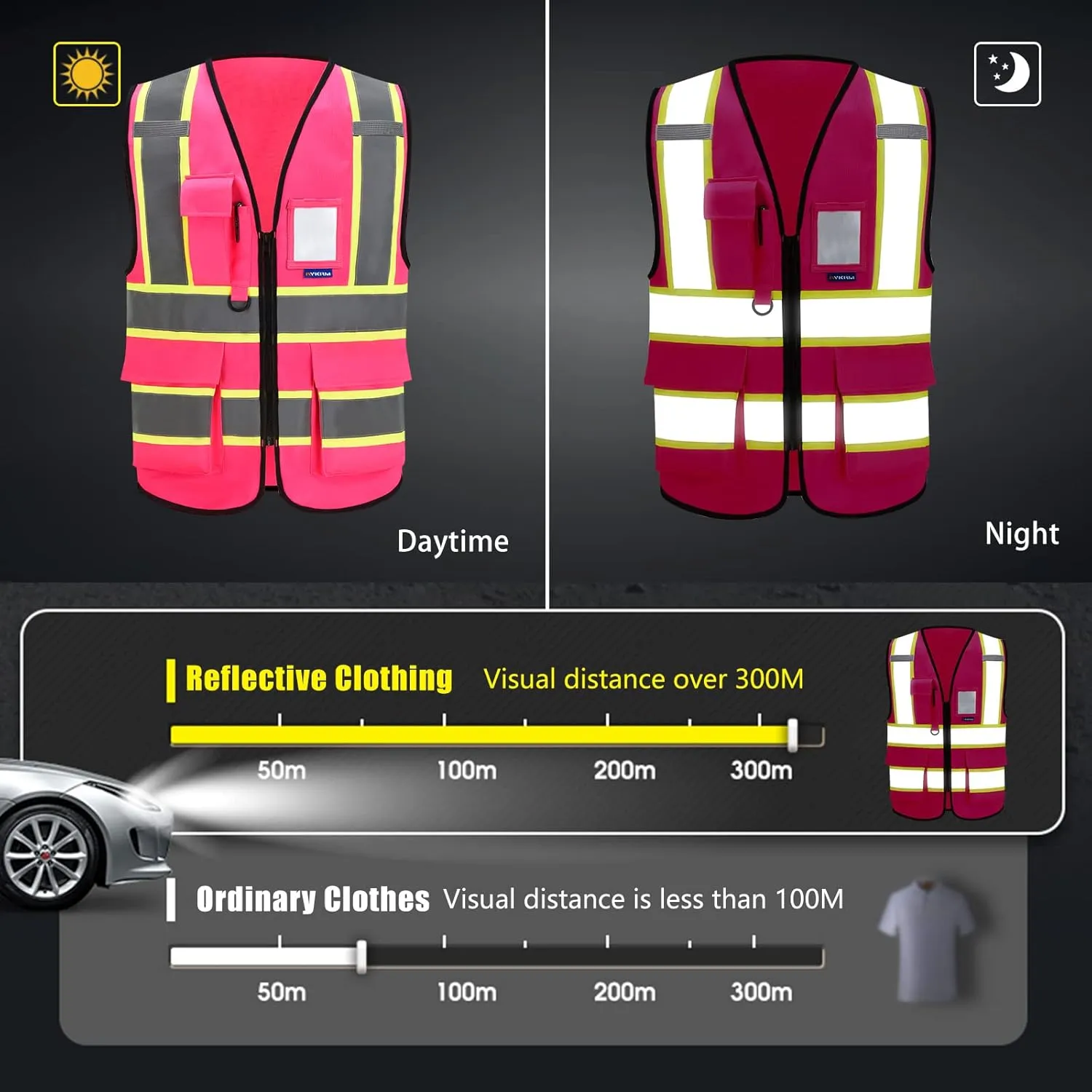AYKRM 11 color High Vis Reflective Safety Vest for Women Men Security Pocket Zipper